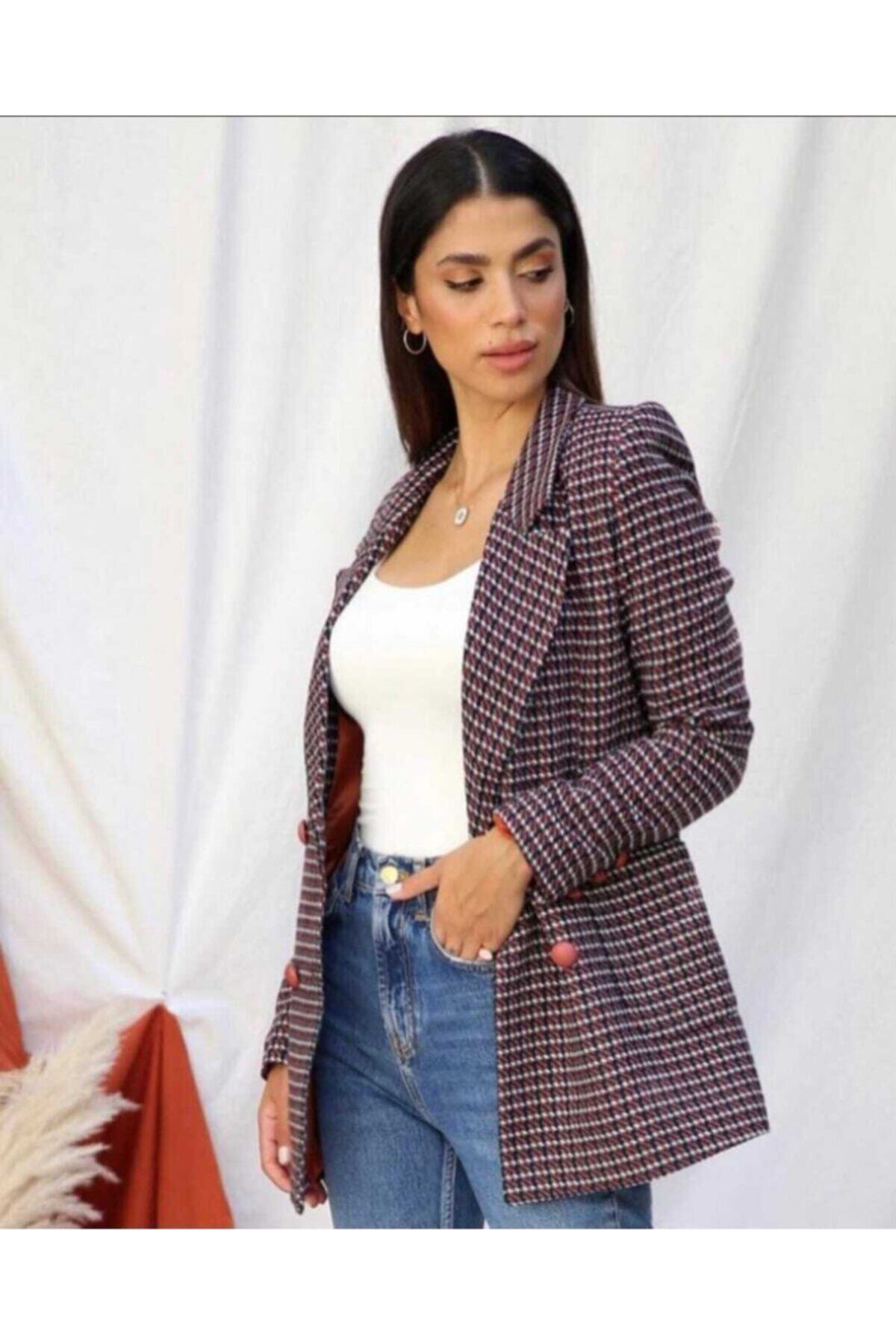 LONTİ GRUP Kadın Bordo Ekose Desen Astarlı Kruvaze Blazer Ceket