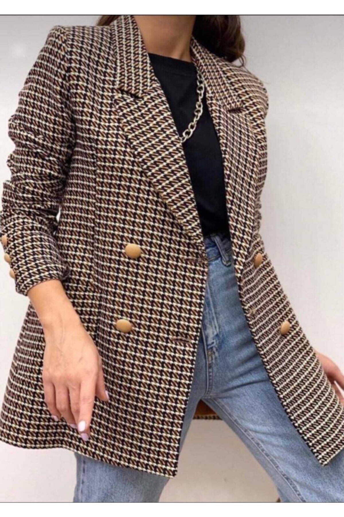 LONTİ GRUP Kadın Kahverengi Ekose Desen Düğme Detay Astarlı Kruvaze Blazer Ceket