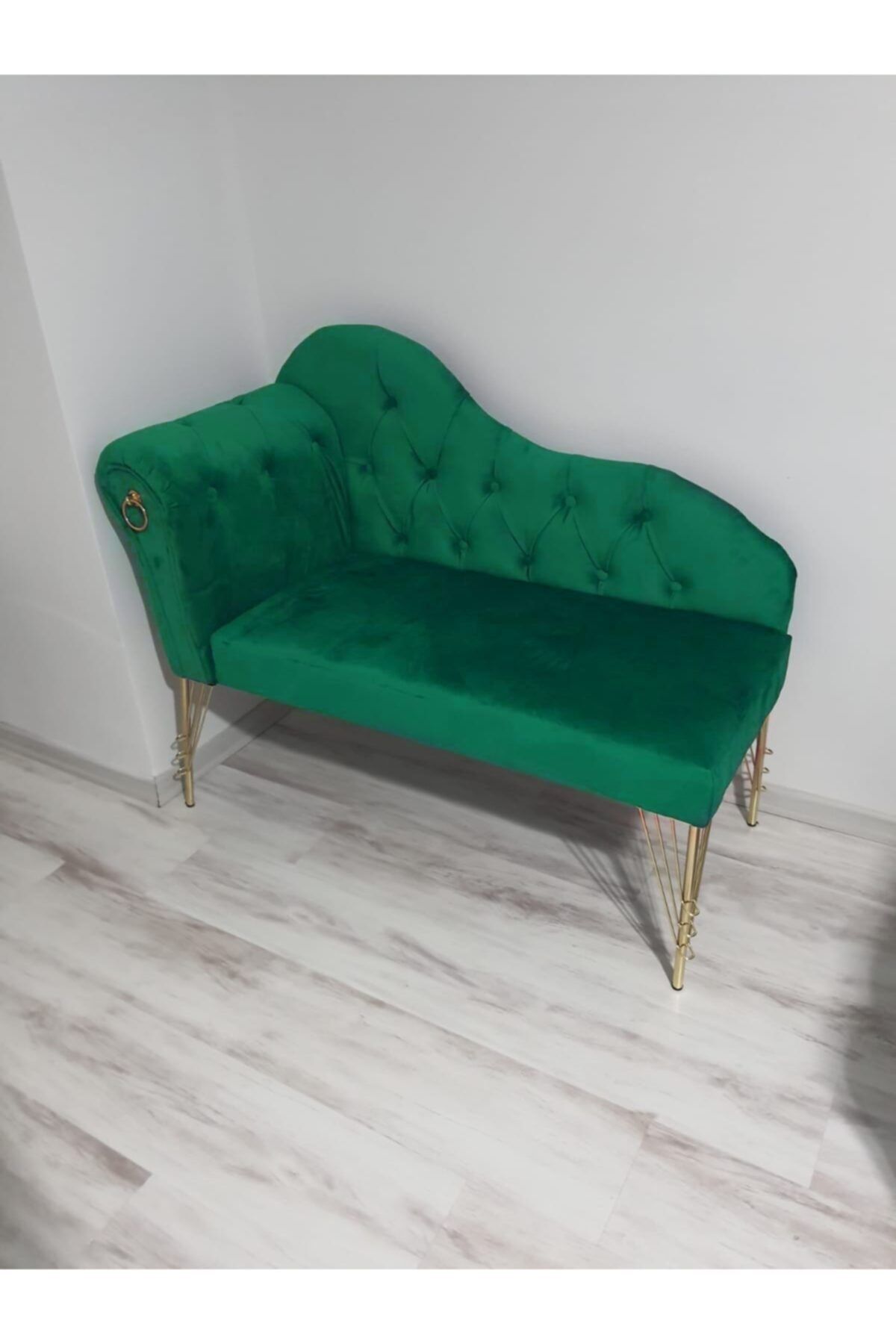 Sepetten Evine 130 cm Zümrüt Yeşil Renk Yeni Nesil Köşe Koltuğu Josefin Bench Puf Metal Gold Ayak