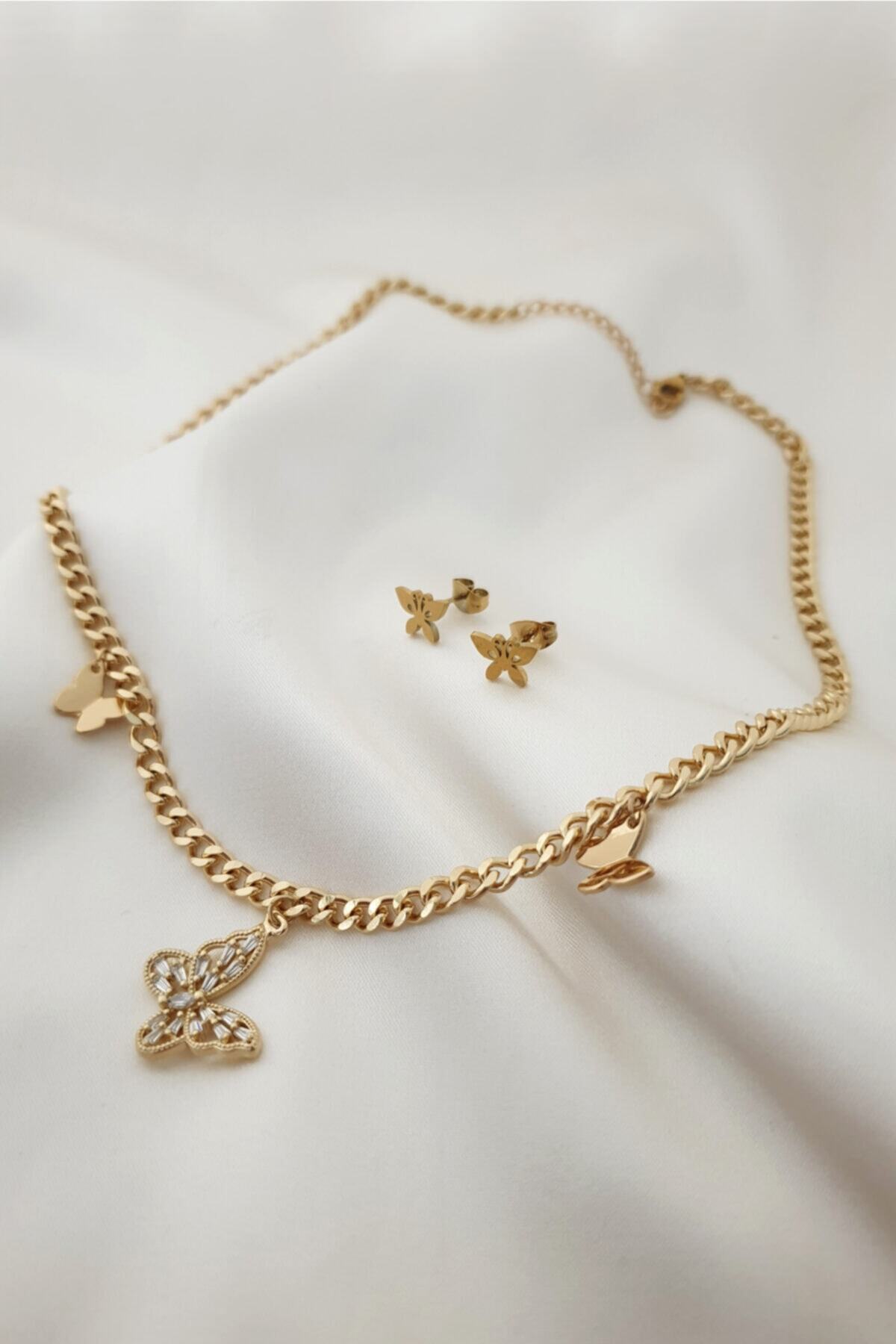 HN Gold & Silver Co. Kelebek Zincirli Çelik Kolye Küpe Set