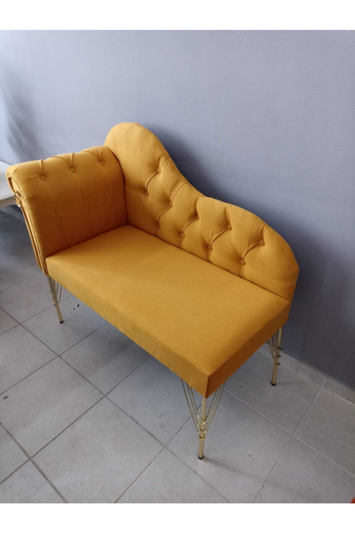 Sepetten Evine 130cm Hardal Renk Yeni Nesil Köşe Koltuğu Josefin Bench Puf Metal Gold Ayak
