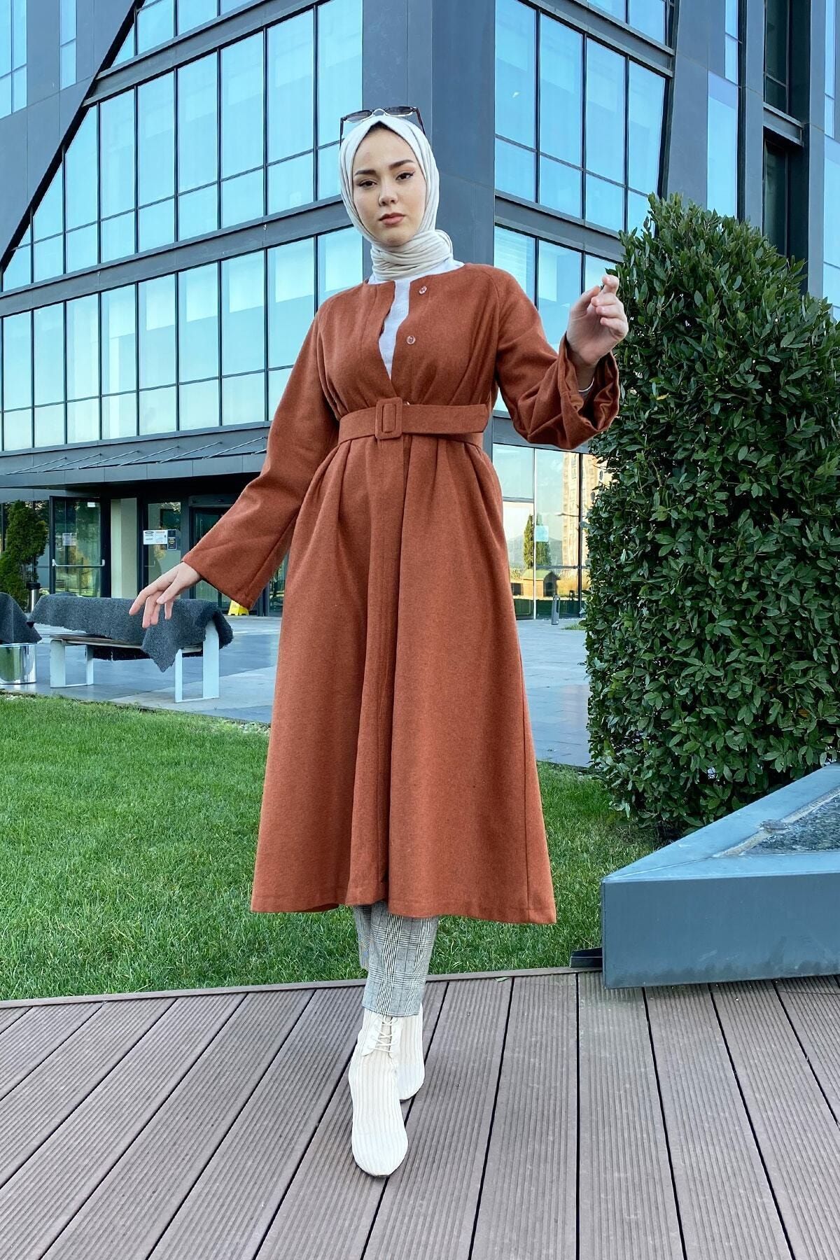 saretex Beli Kemerli Gizli Düğmeli Kaşe Kaban Kiremit