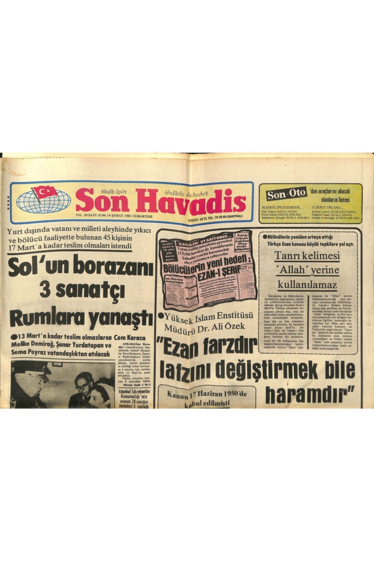 Gökçe Koleksiyon Son Havadis Gazetesi 14 Şubat 1981 - Thy Eski Genel Müdürlerinden Agasi Şen Öldü