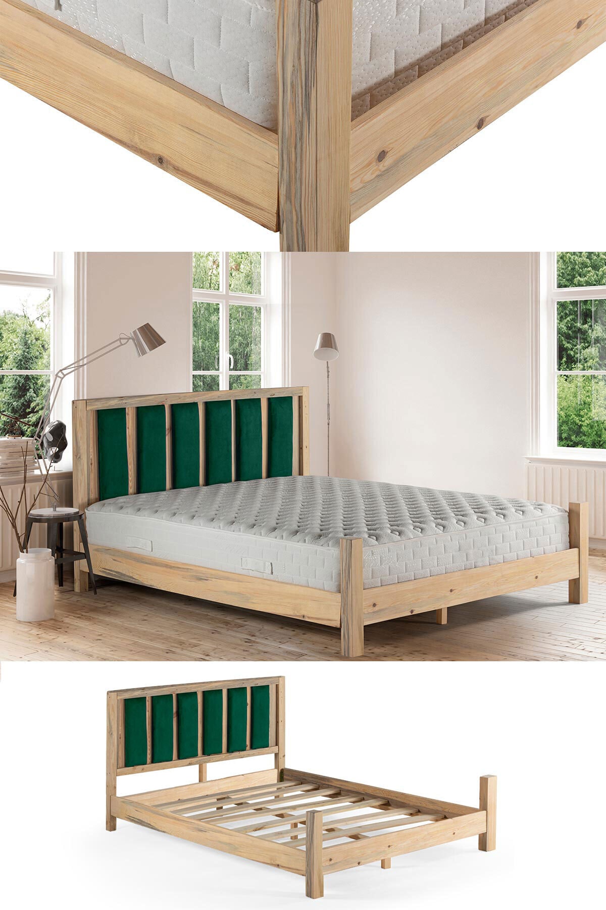 RENAZZO Orion Doğalvernikli Masif Çam Karyola Zümrüt Yeşili Puflu Başlık