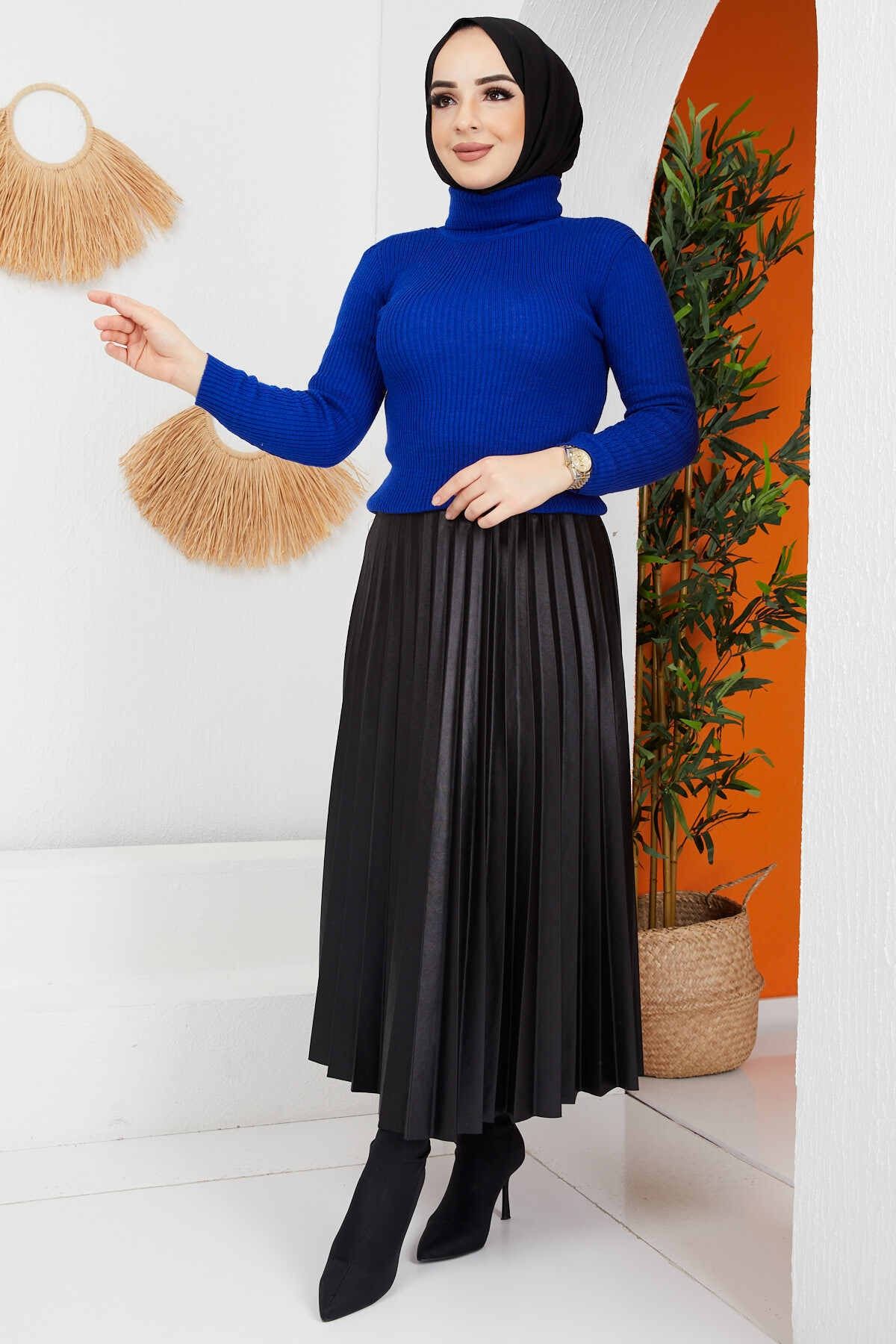 İmajButik Tam Boğazlı Tesettür Triko Kazak/saks