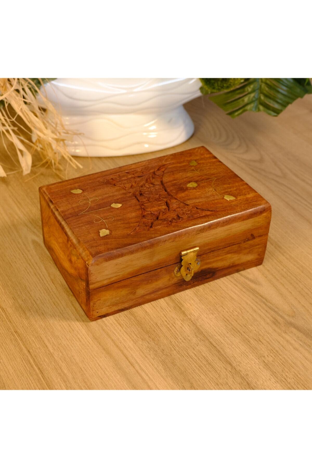 Land Of Wood Ahşap Dekoratif Kutu El Yapımı Işlemeli Koyu Kahverengi Ahşap Takı Mücevher Kutusu