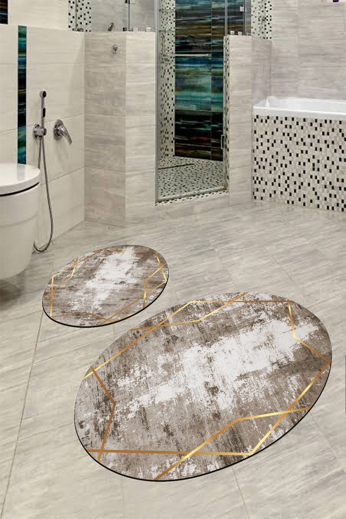 BiRKiLiM Oval Banyo Halısı Klozet Paspas Takımı Kaymaz O-dot-tk-ht695