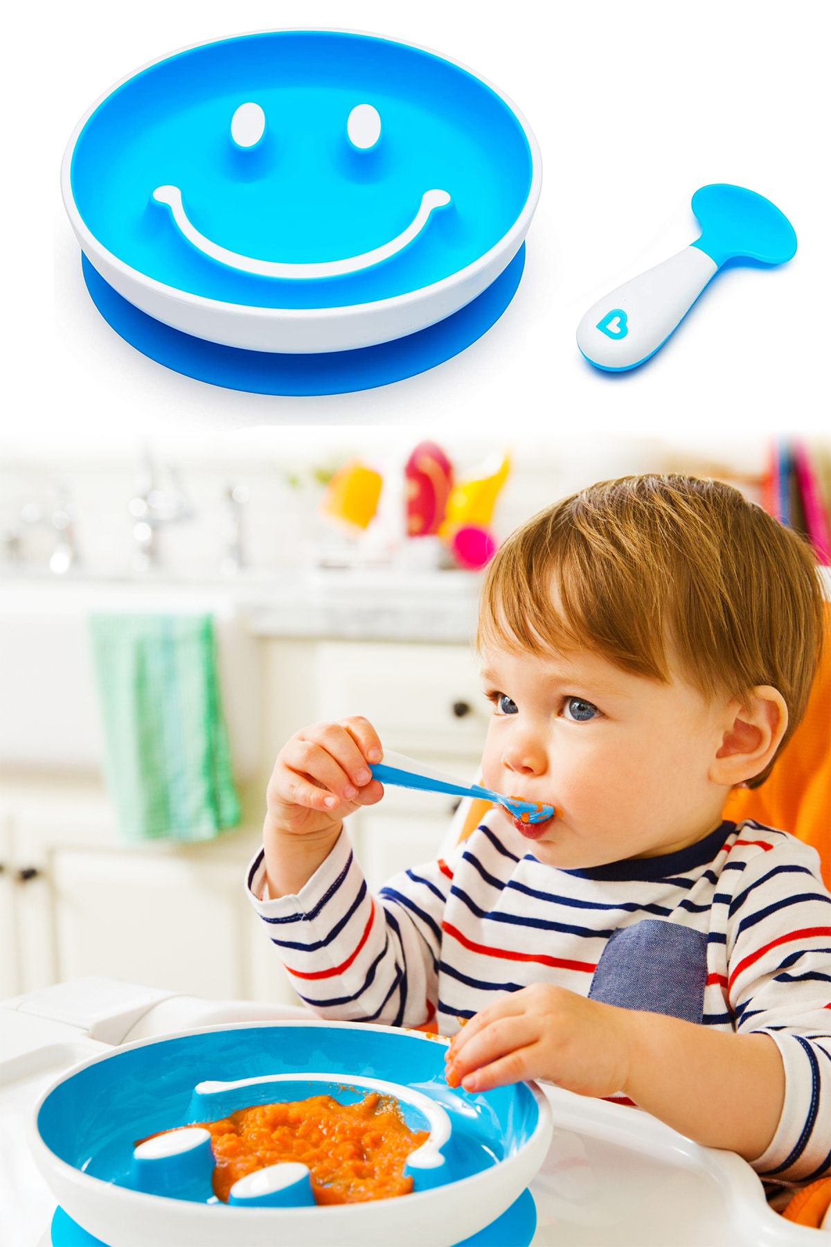 Munchkin Smile'n Scoop Gülen Yüz Alıştırma Mama Tabağı Ve Kaşık Seti Vakumlu Mavi Pa031-1