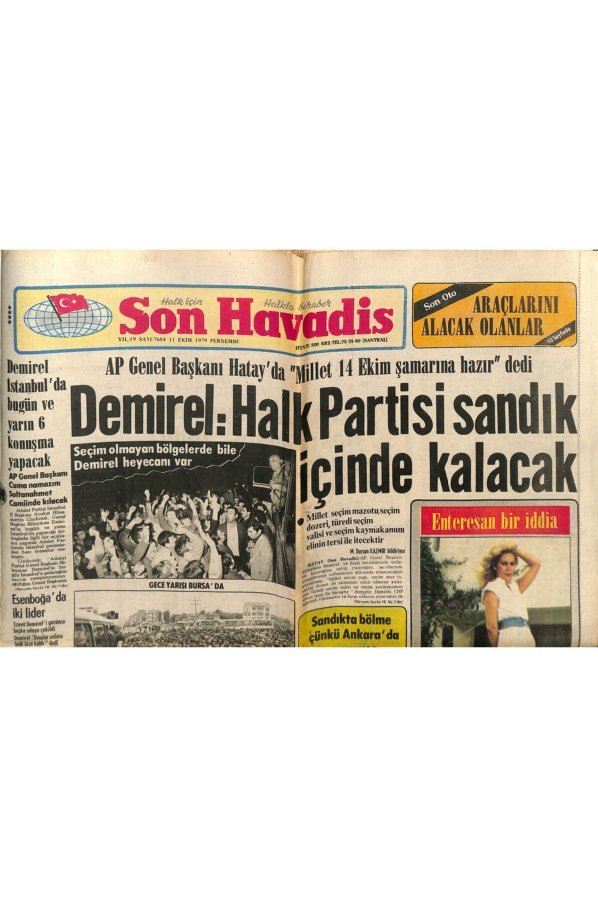 Gökçe Koleksiyon Son Havadis Gazetesi 11 Ekim 1979 Müşerref Tezcan Rusya'dan Sonra Amerika Yolcusu