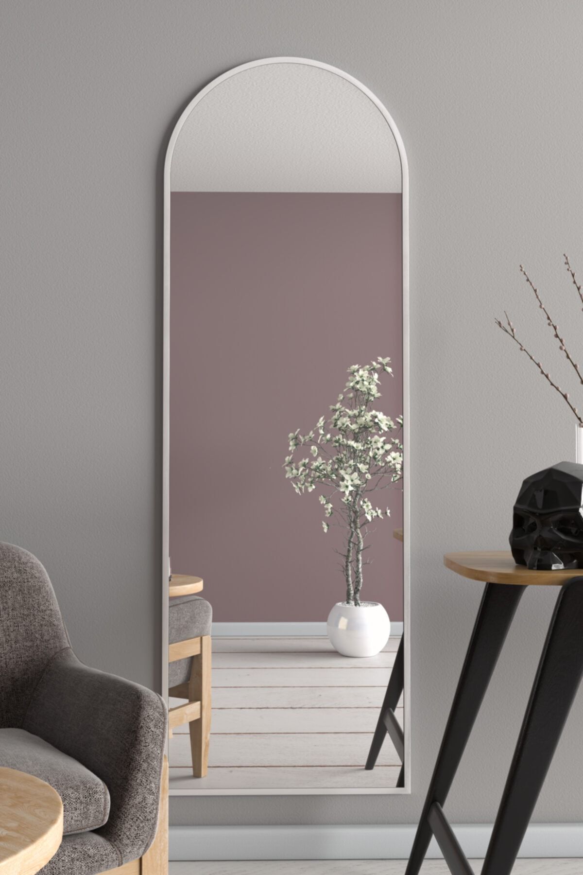 Marsah Home Beyaz Metal Çerçeveli Oval Ayaksız Boy Aynası 180 X 60 Cm