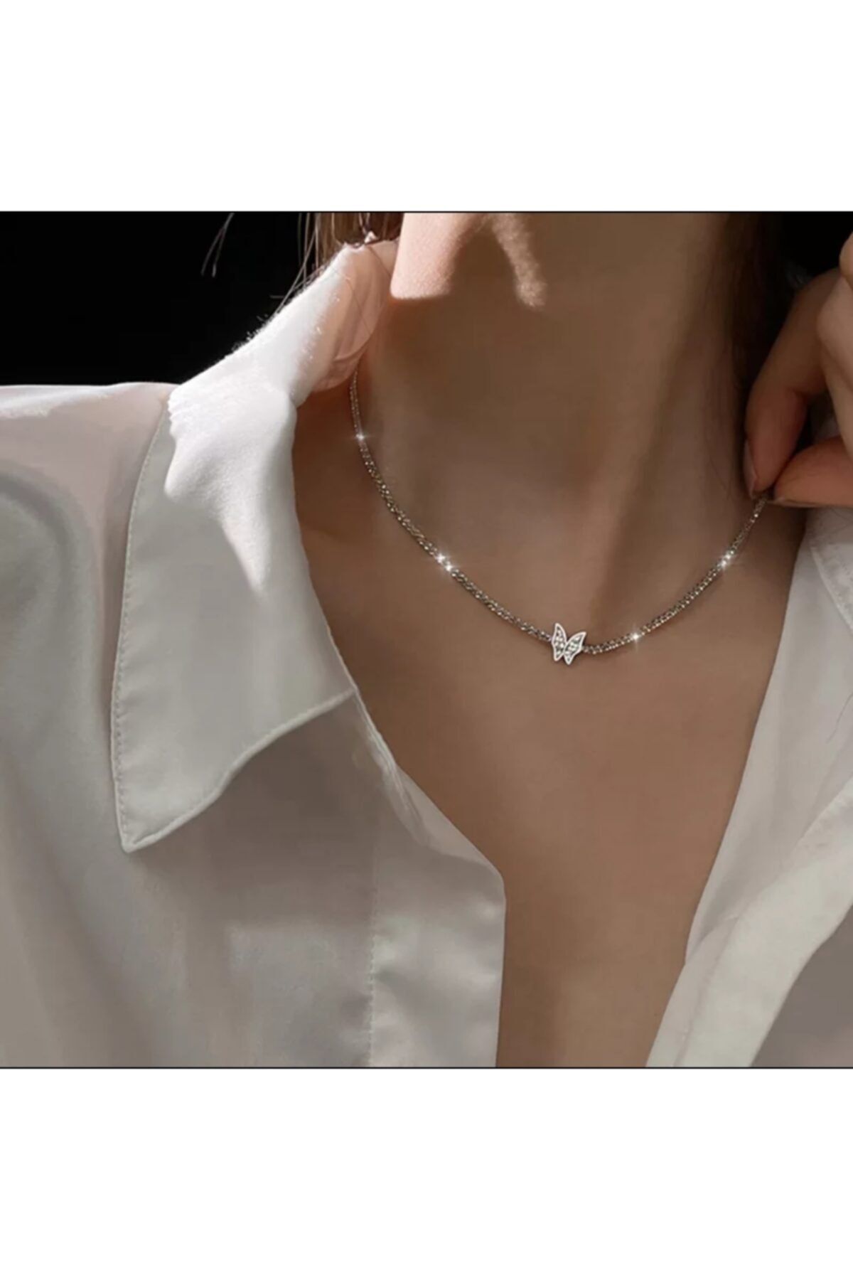 Pinkimaj Kelebekli Kolye Gümüş Kolye Zirkon 925 Ayar Parlak Tarz Zincir