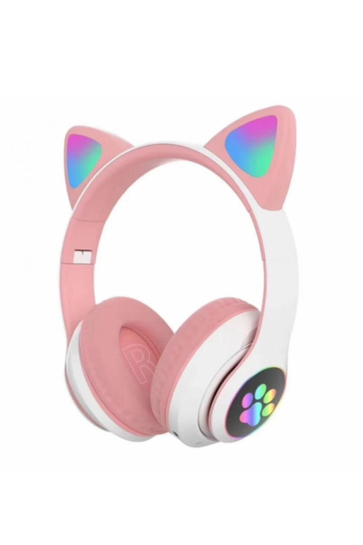 Techatech Kablosuz Kedi Kulaklık Işıklı Kulaküstü Mikrofonlu Bluetooth Hafıza Kartı Girişli Çocuk Kulaklığı