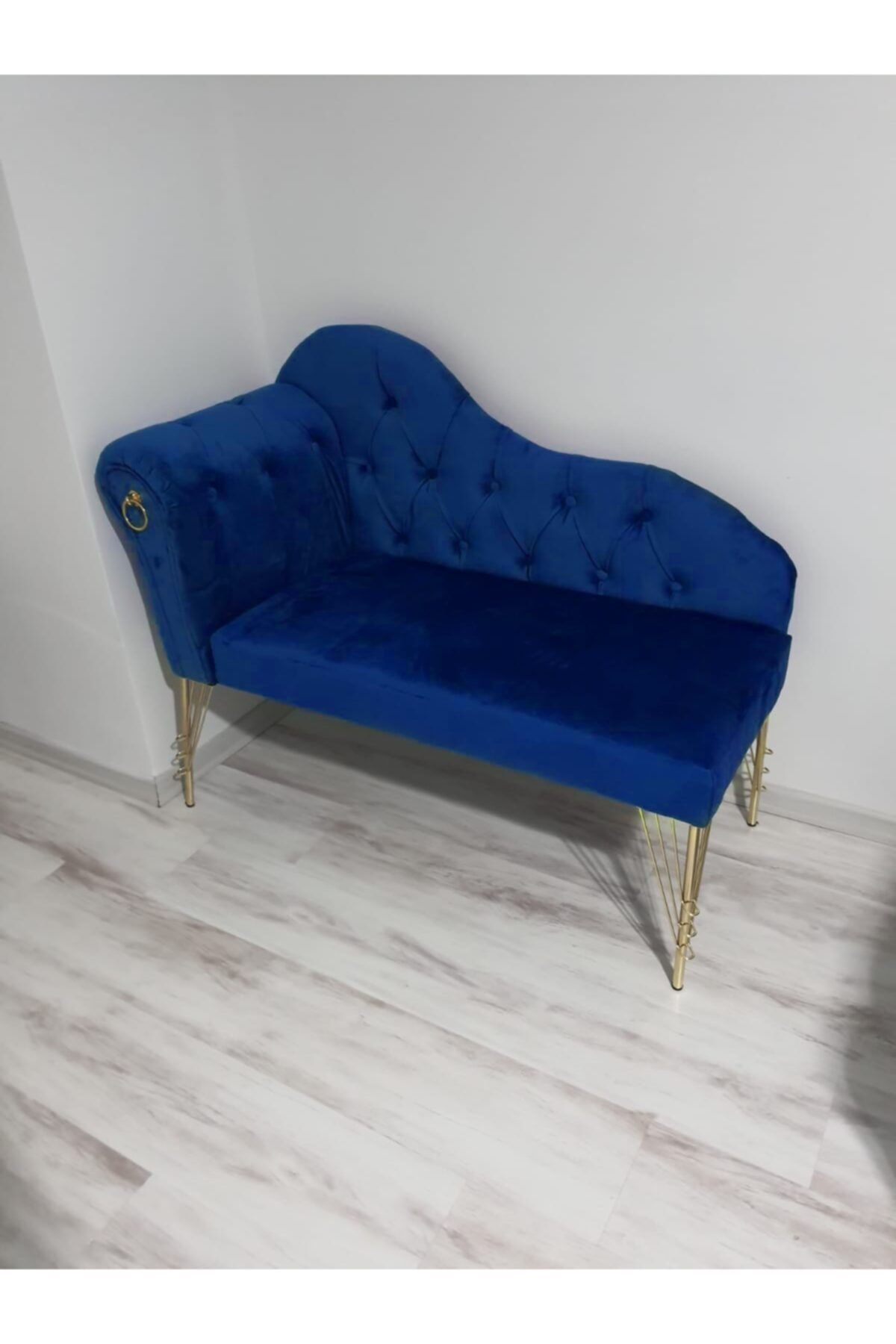 Sepetten Evine 120 Cm , Lacivert Renk Yeni Nesil Köşe Koltuğu Josefin Bench Puf Metal Gold Ayak