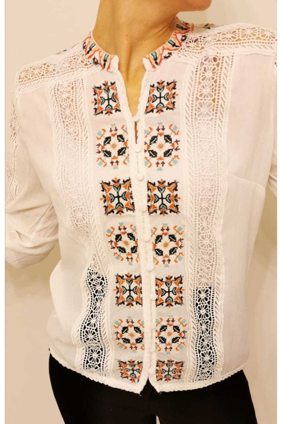 Lacivert Butik Bohem Nakış Işlemeli Düğmeli Gömlek