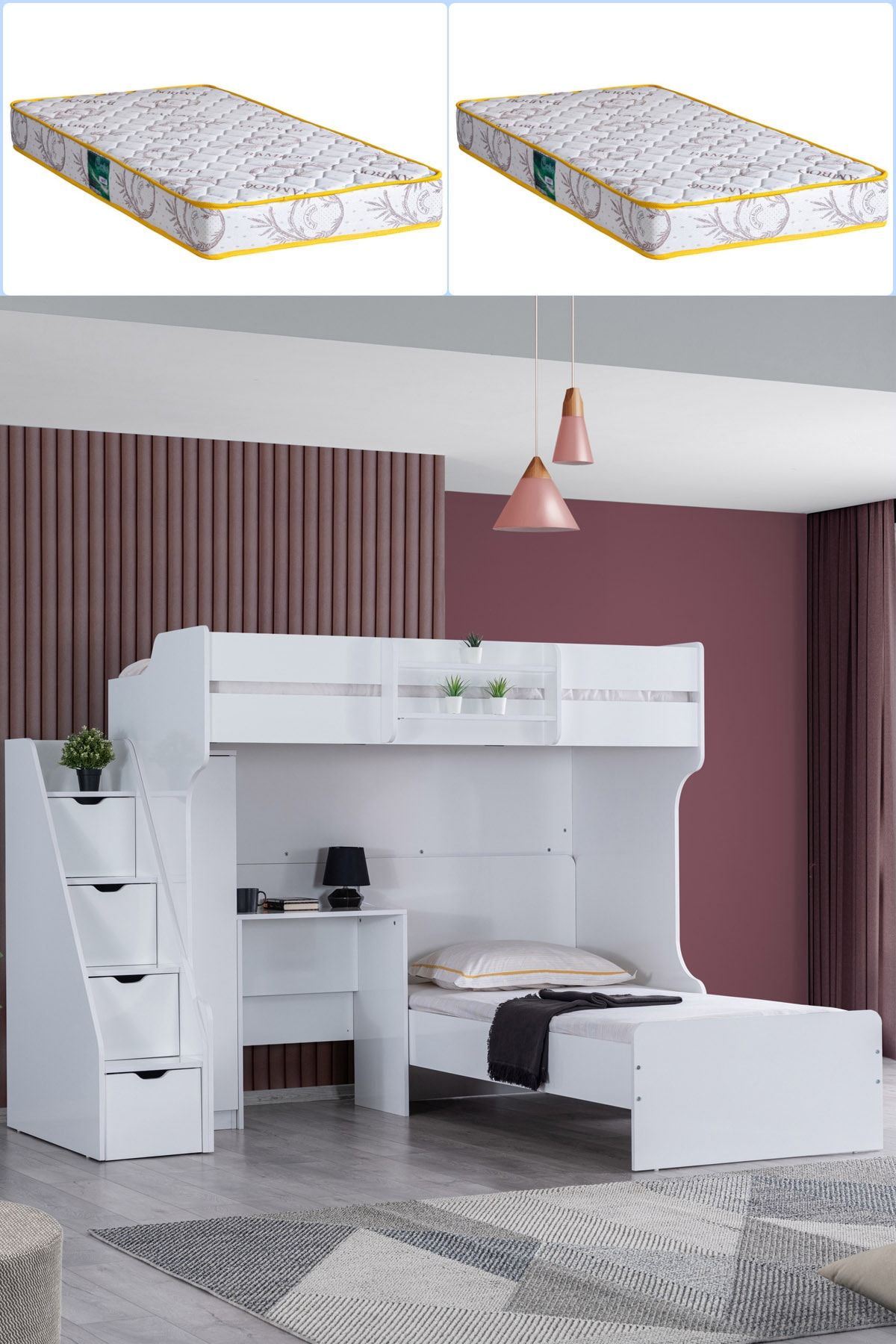 Setay Ranza, Marsilya Ranza Karyola Çalışma Masası Tek Kapaklı Dolap - Beyaz+ 2 Adet Comfort Yatak