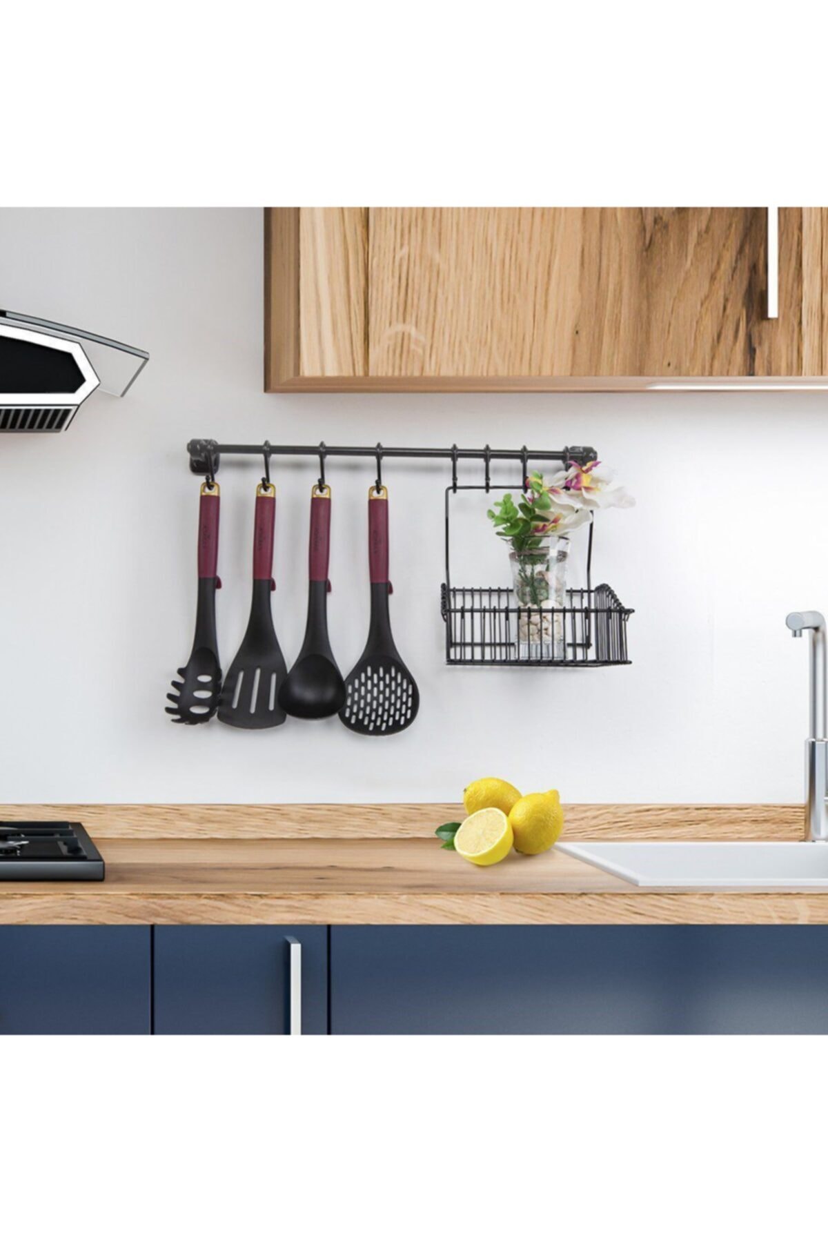 Niniko Ferforje Sepet 20*20 + Duvar Rayı 6 Kancalı Askılık Siyah