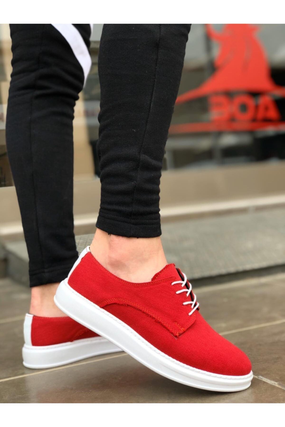 Erbilden Er0003 Bağcıklı Klasik Spor Keten Kırmızı Beyaz Yüksek Taban Casual Erkek Ayakkabı