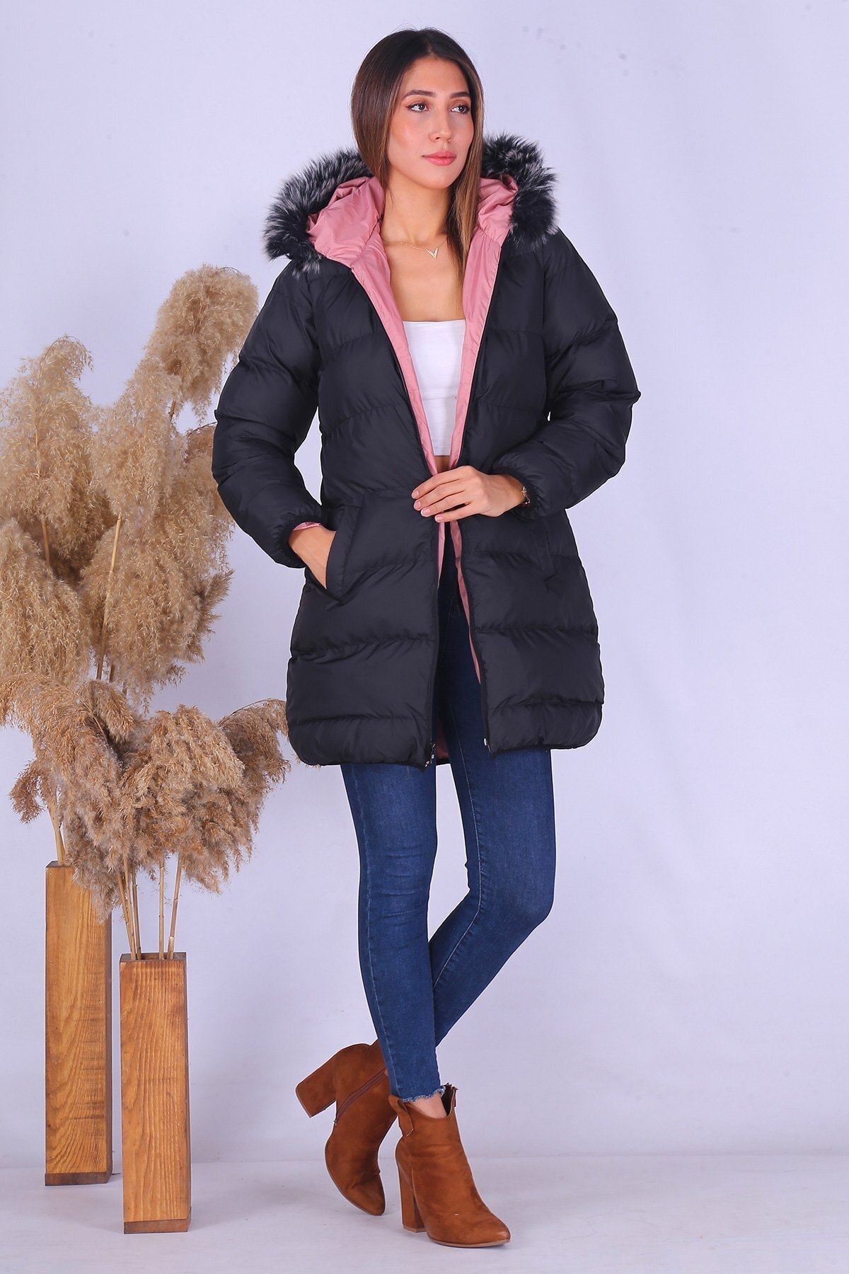 GÜLSELİ Kapşonu Peluş Çift Taraflı Mont