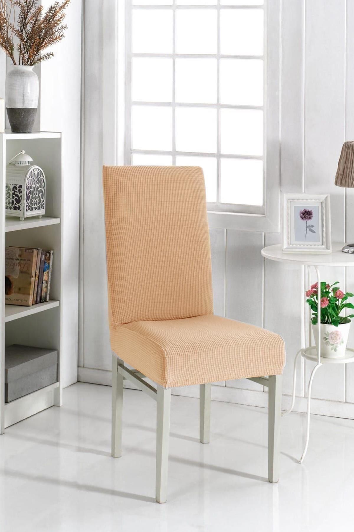 KARAHANLI Sandalye Kılıfı Cappicino Renk, Likralı Yıkanabilir Lastikli Sandalye Örtü