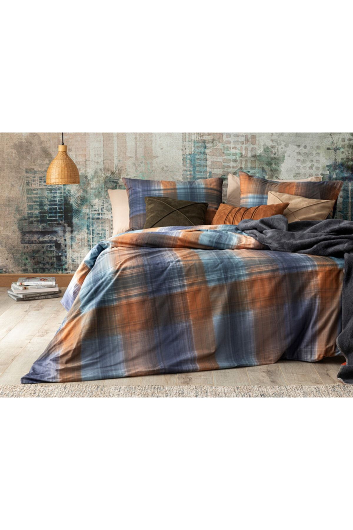 English Home Flowing Plaid Pamuklu Tek Kişilik Nevresim Seti 160x220 Cm Lacivert - Kiremit
