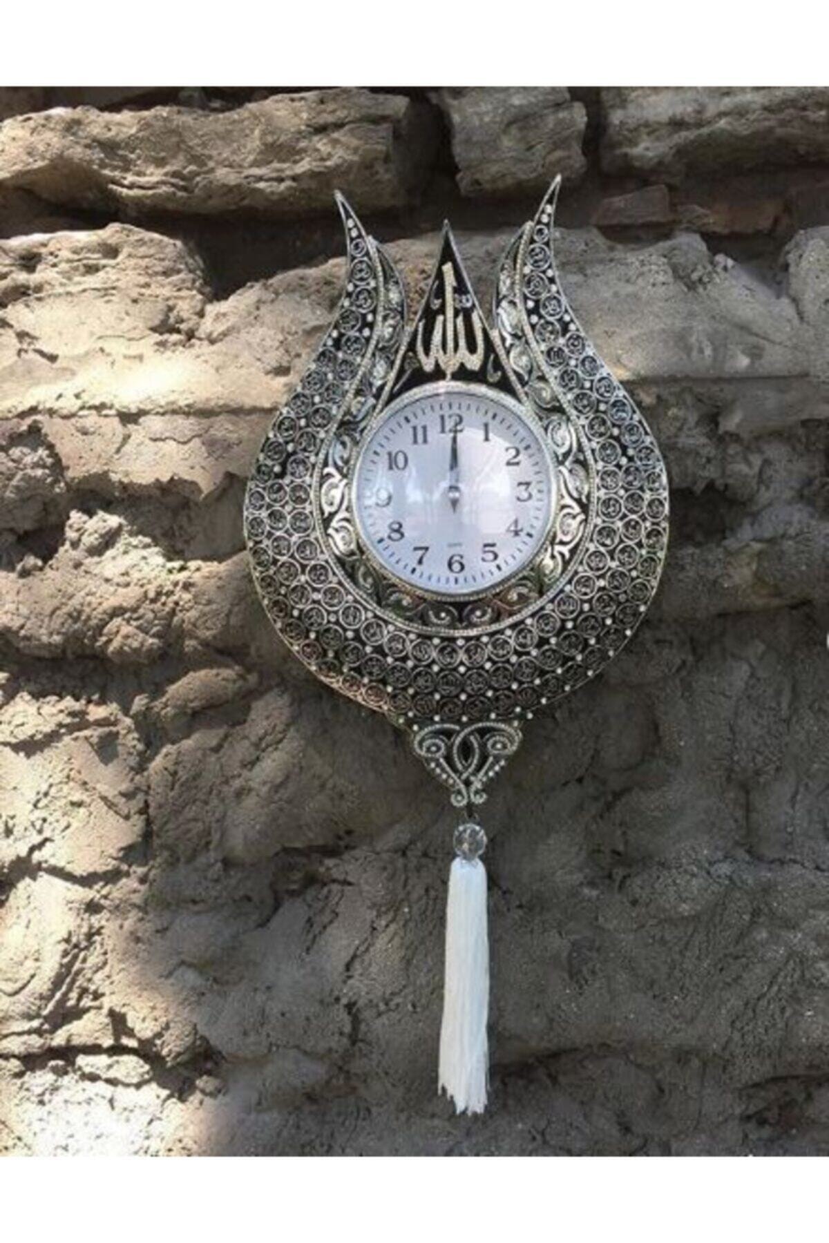 Platin Allah Muhammed Yazılı Işlemeli Varaklı Taşlı Lale Lüks Duvar Saati