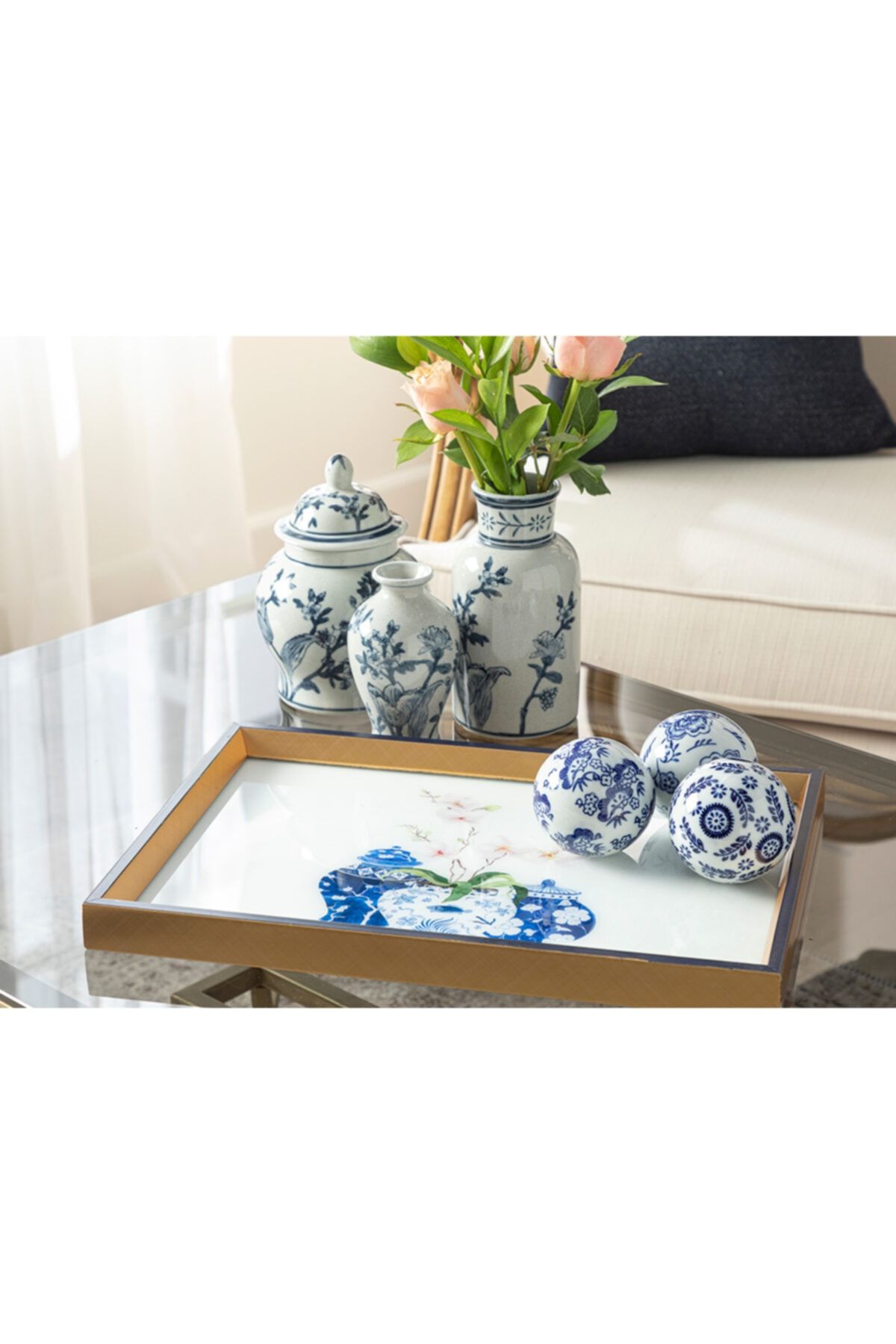 English Home Bleu Blanc Cam Dekoratif Tepsi 31x46 Cm Gold