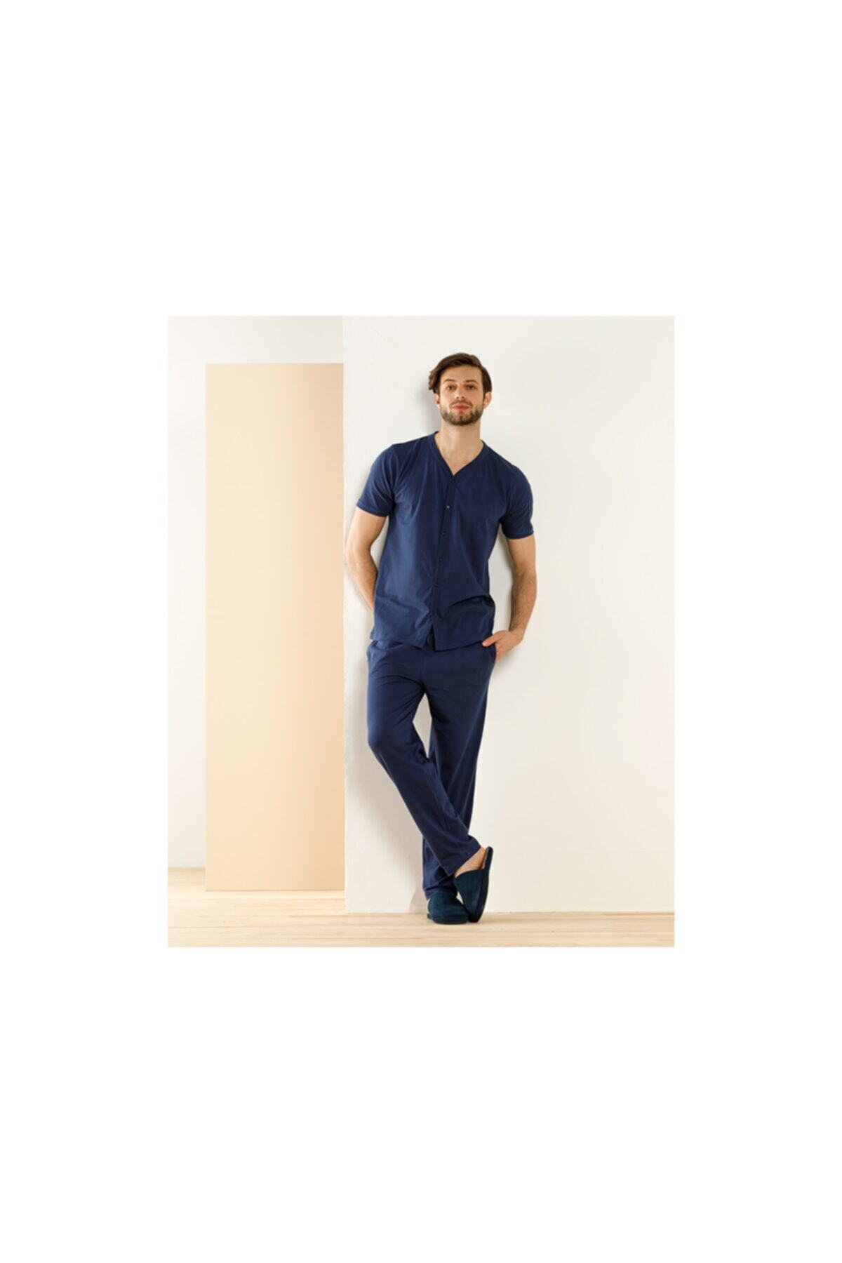 English Home Marco Penye V Yaka Pijama Takımı L Lacivert