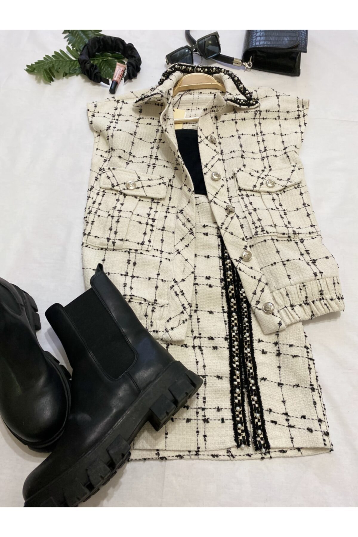 Onske Tüvit Desen Blazer Etek Yelek Takım