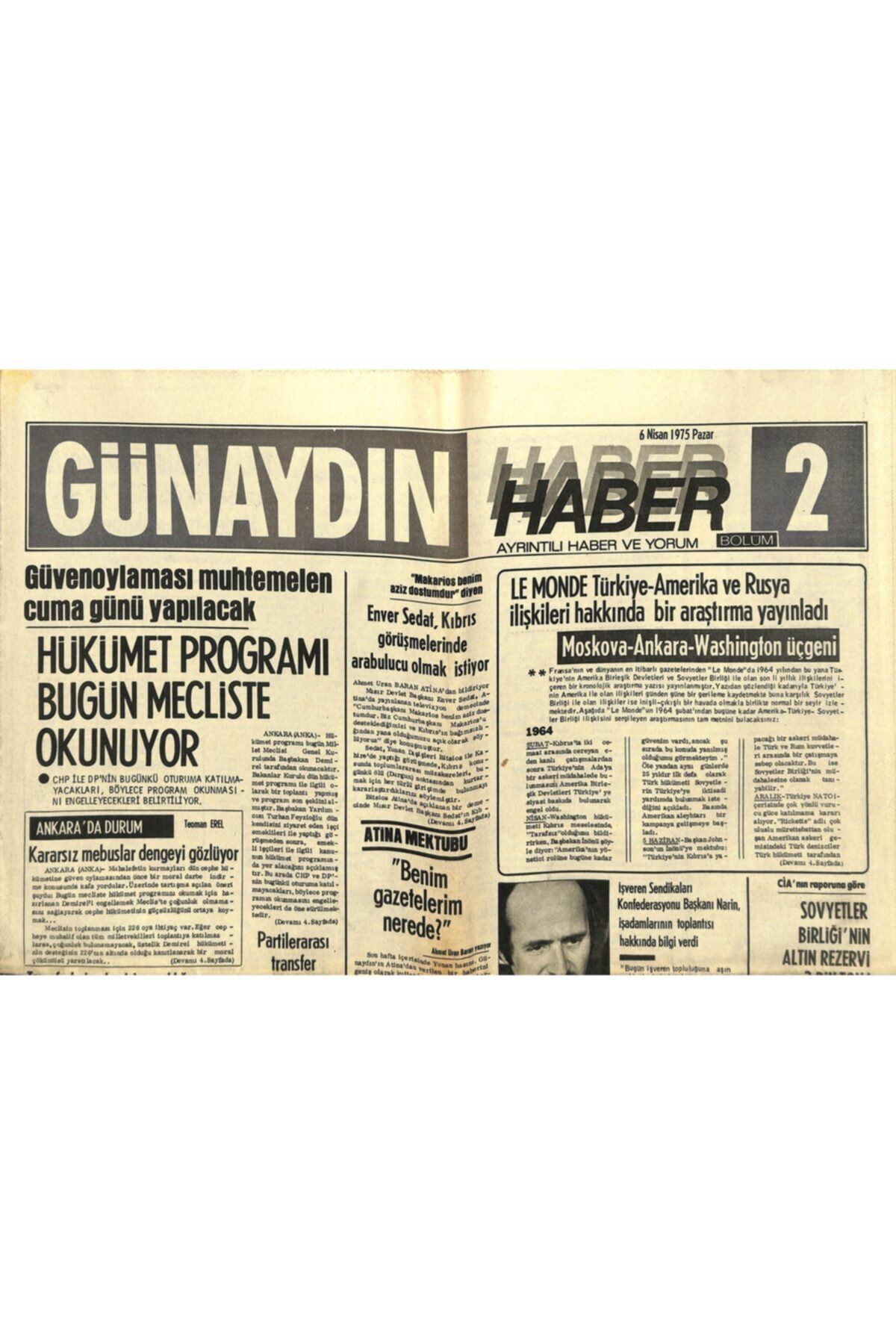 Gökçe Koleksiyon Günaydın Gazetesi Haber 2 Eki 6 Nisan 1975 - Amerika ,1 Milyon Güney Vietnamlıya Göç Hakkı Tanıyacak