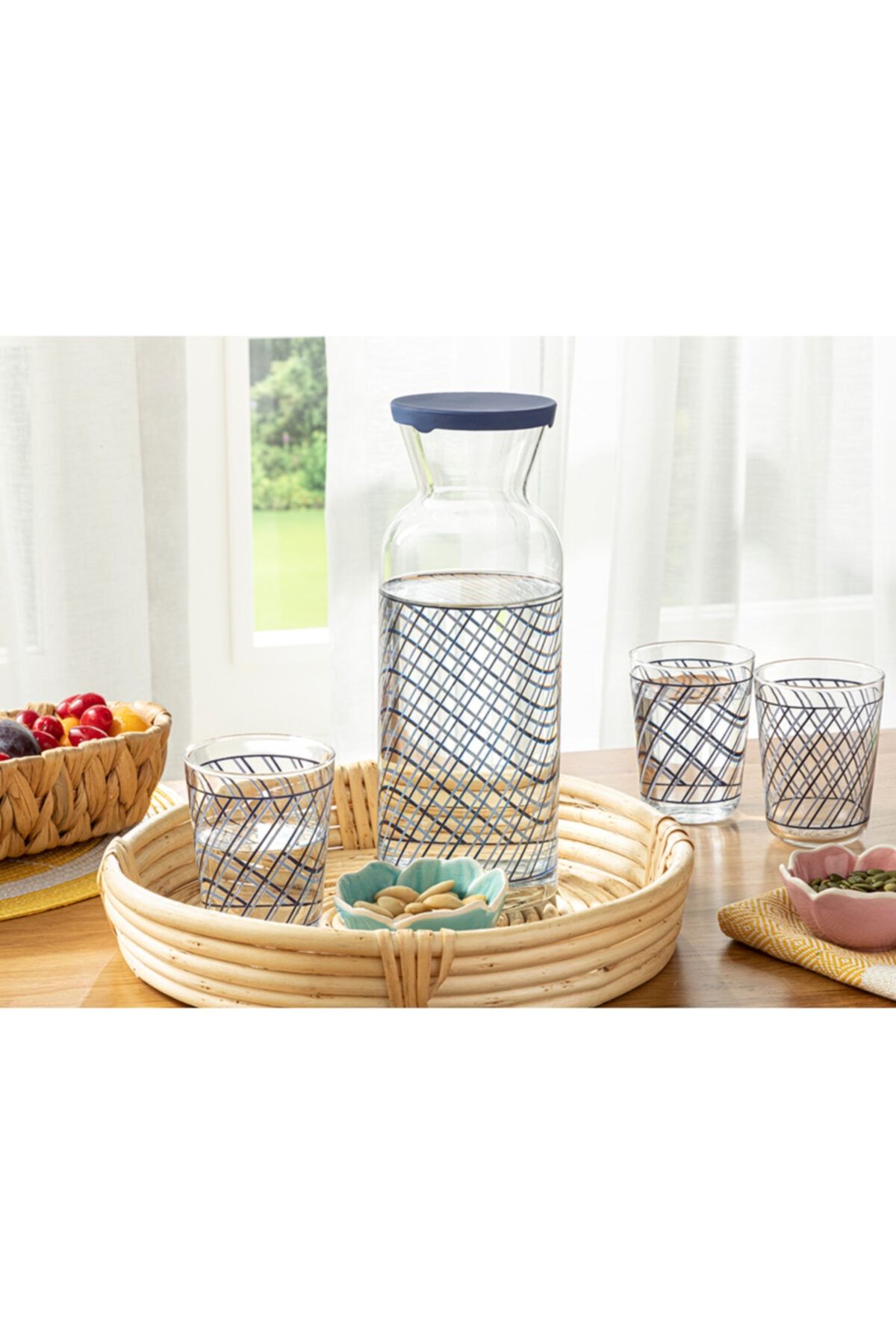 English Home Blue Stripes Cam 5 Parça Su Takımı 1260 Ml + 260 Ml Mavi