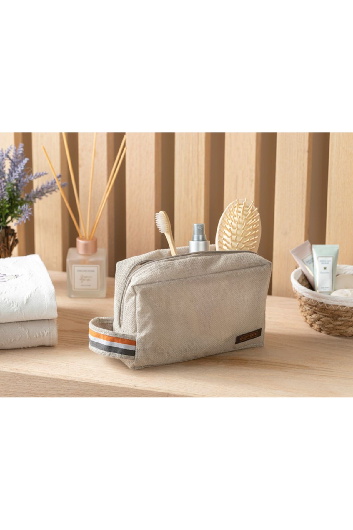 English Home Stripe Linen Keten Küçük Seyahat Çantası 15x20 Cm Bej