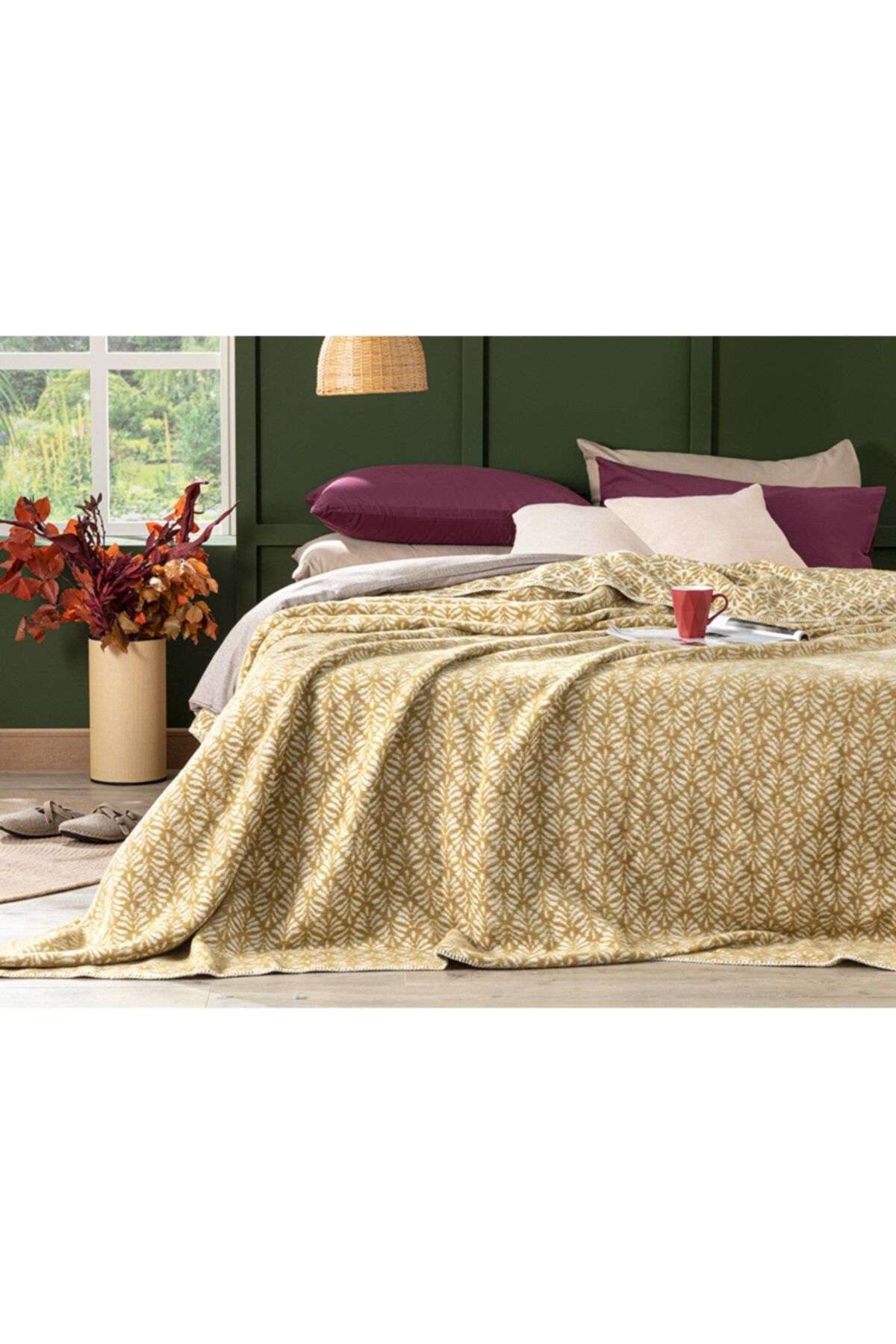 English Home Leafery Pamuklu Çift Kişilik Battaniye 200x220 cm Kivi Yeşili