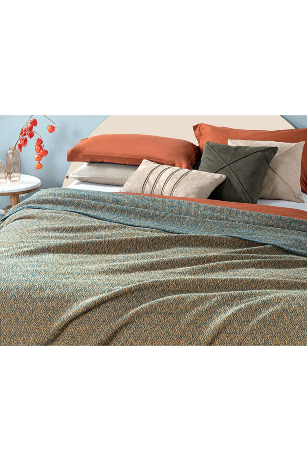 English Home Zigzag Pamuklu Çift Kişilik Battaniye 200x220 Cm Hardal - Petrol