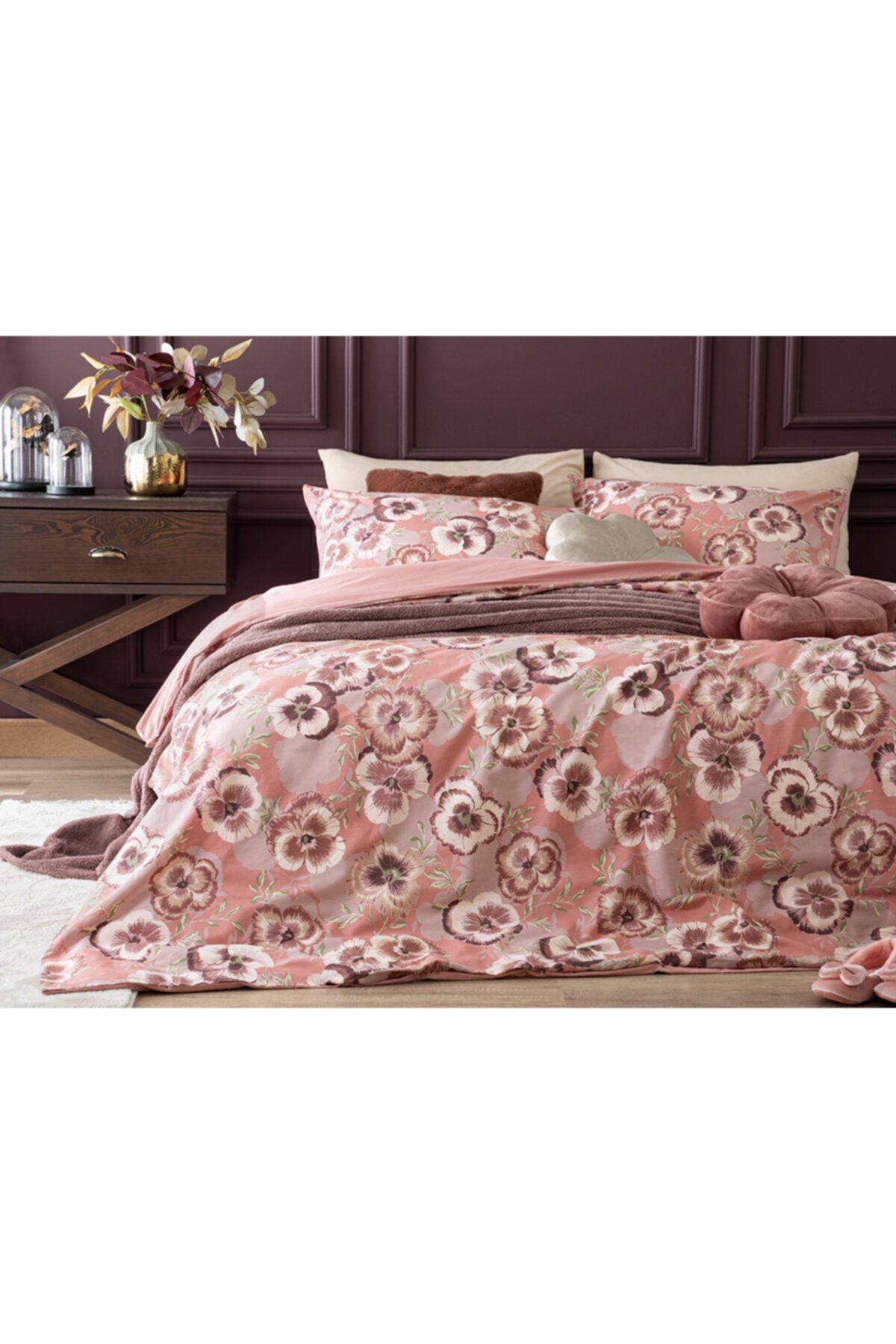 English Home Pansy Bloom Pamuklu Tek Kişilik Nevresim Seti 160x220 Cm Pembe