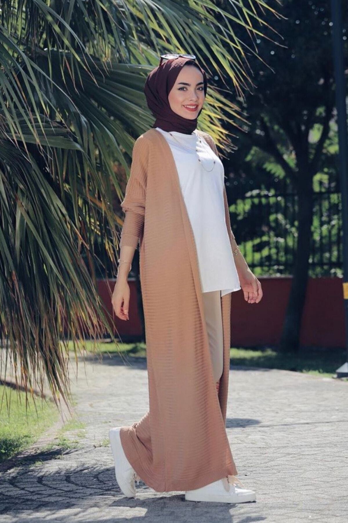iema Kadın Camel Önü Açık Uzun Tam Boy Triko Hırka