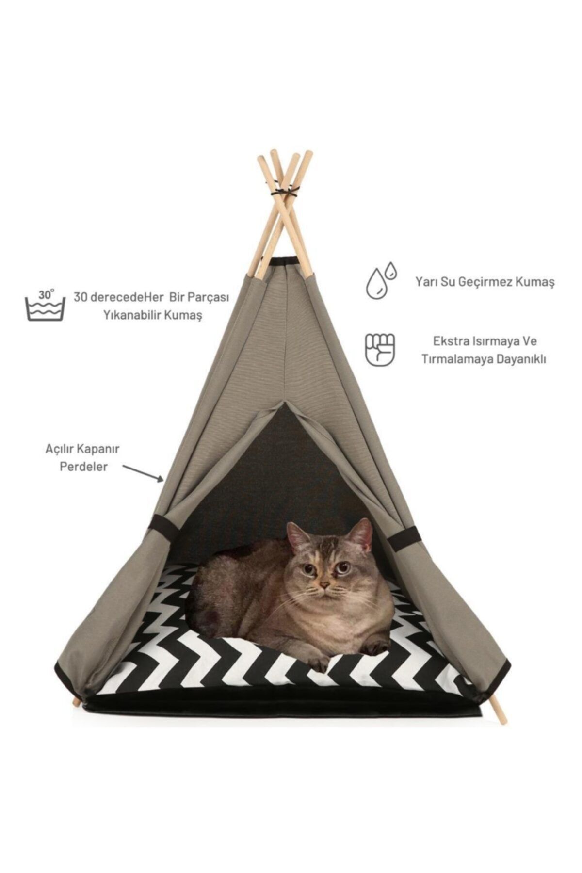 Teepee House 50-50cm Yataklı Gri Kedi Çadırı