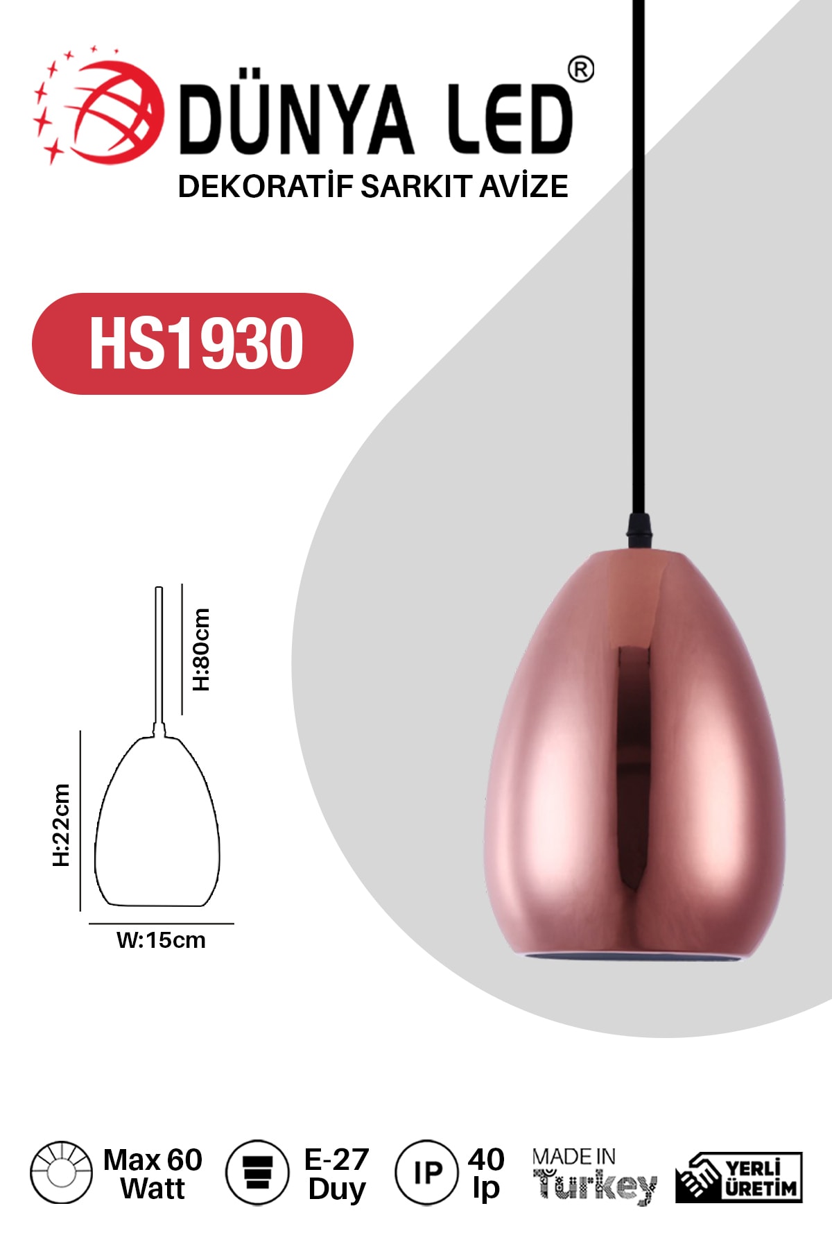 DÜNYA LED Hs.1930 Dekoratif Modern Tekli Avize Rose Gold Salon Cafe Hol Ofis Aydınlatması Ampul