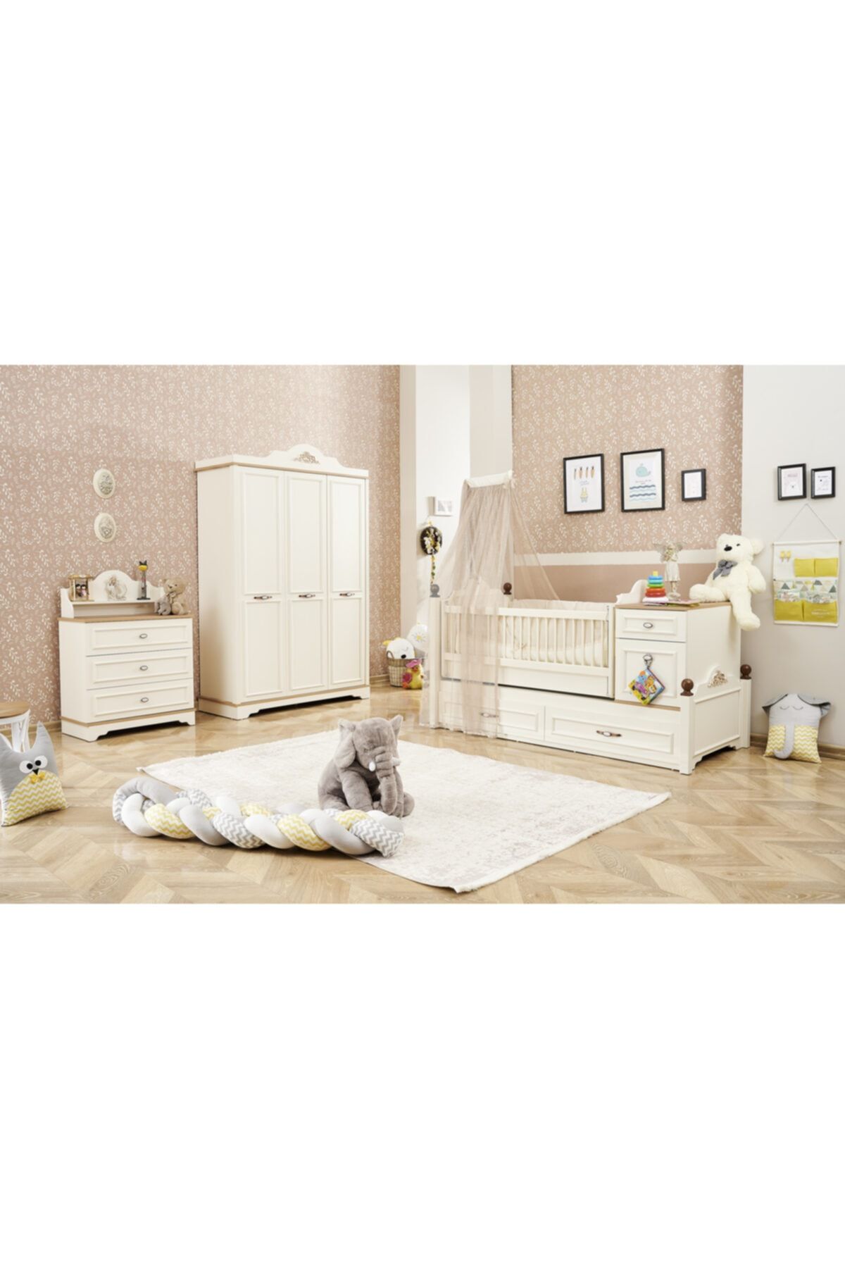 PİYANO GENÇ VE BEBEK ODASI Ayla 70*130 Büyüyebilen Beşik Gardrop Şifonyer 3lü Takım