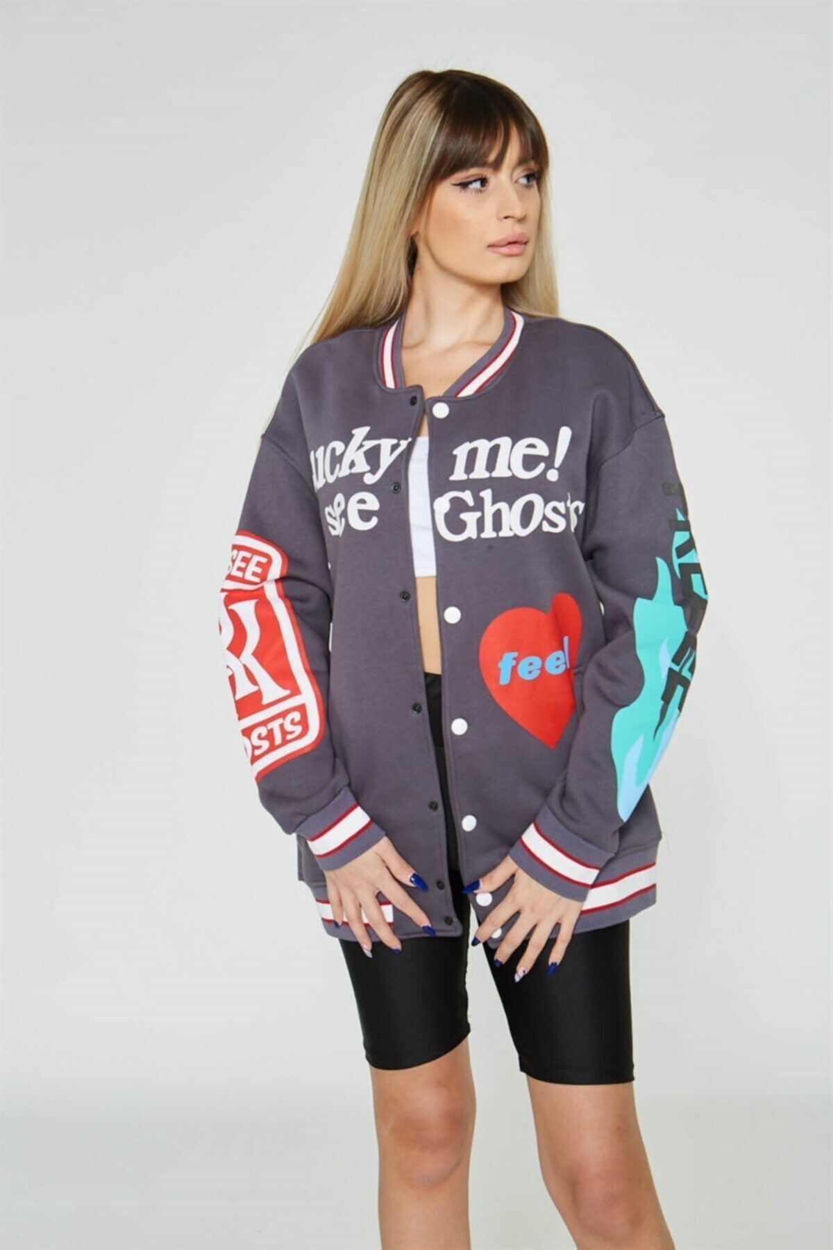 The Champ Global Unisex Gri Kanye West Lucky Me Oversize Kolej Ceket