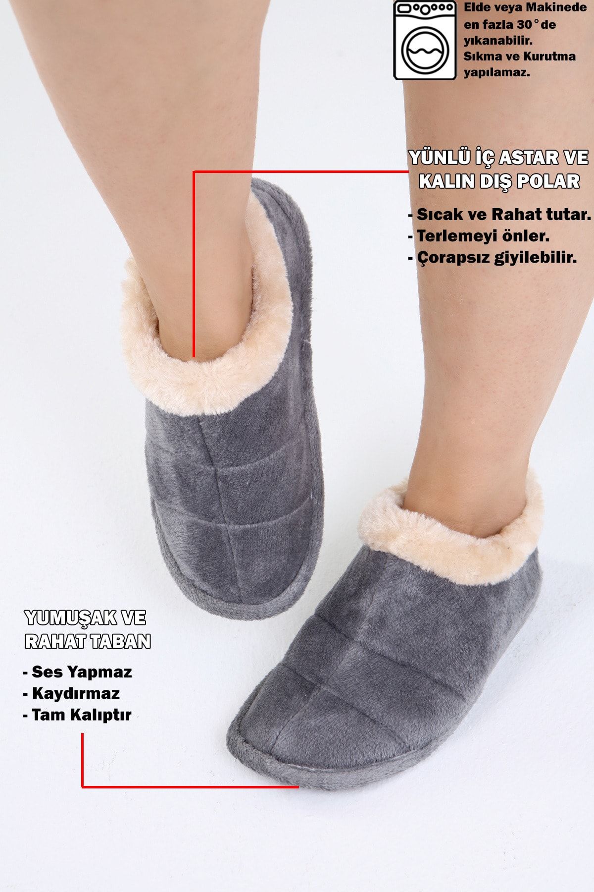 Beyond Içi Yünlü Ev Ayakkabısı Panduf Unisex Kaydırmaz Taban Gri
