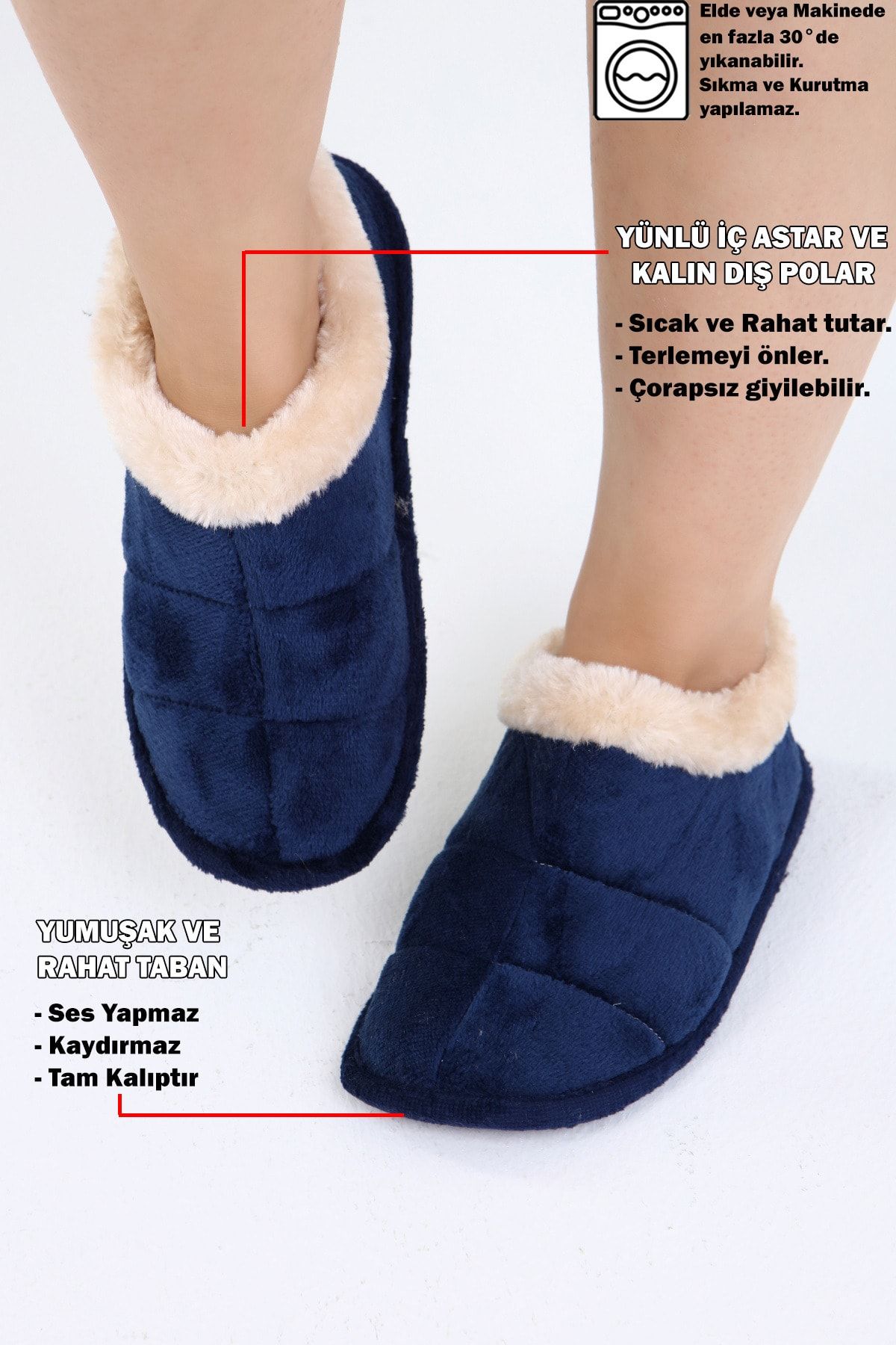 Beyond Içi Yünlü Ev Ayakkabısı Panduf Unisex Kaydırmaz Taban Lacivert