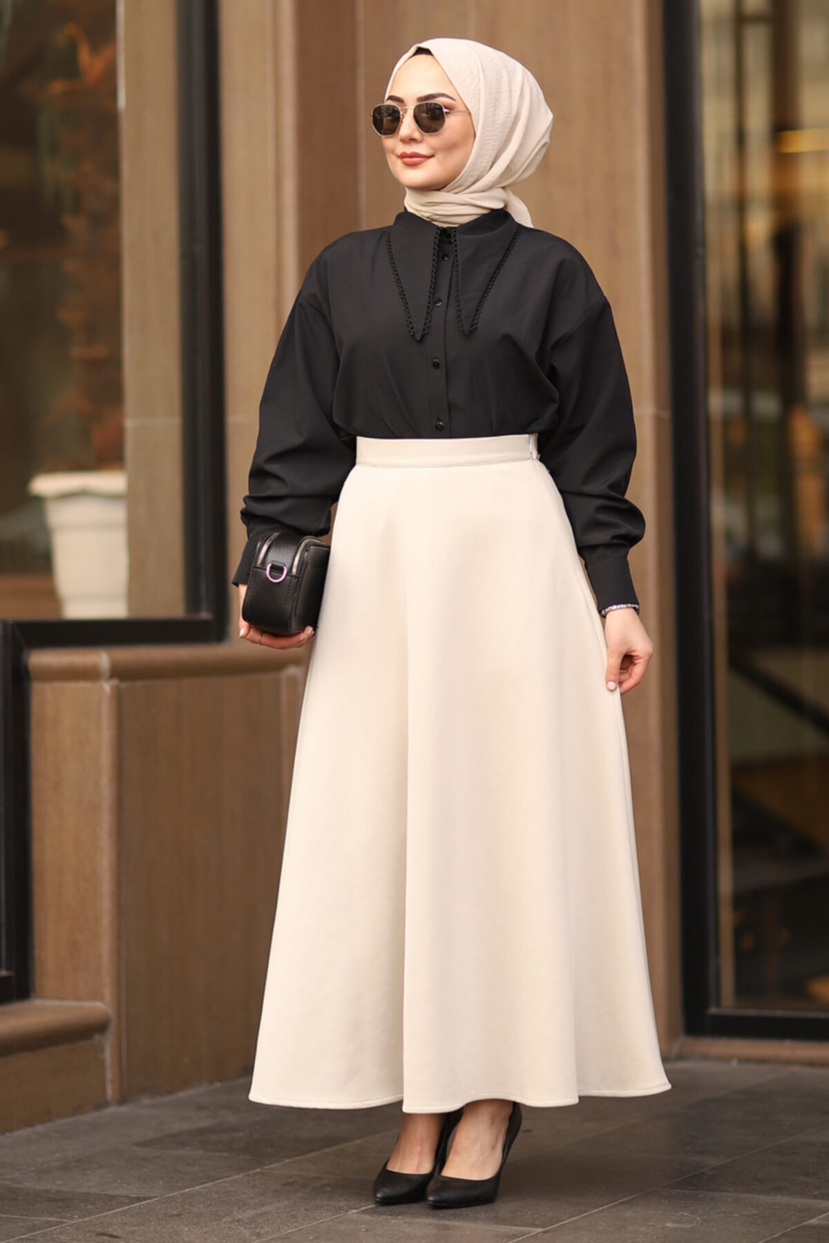 Moda Sahra Scuba Kloş Tesettür Etek Bej