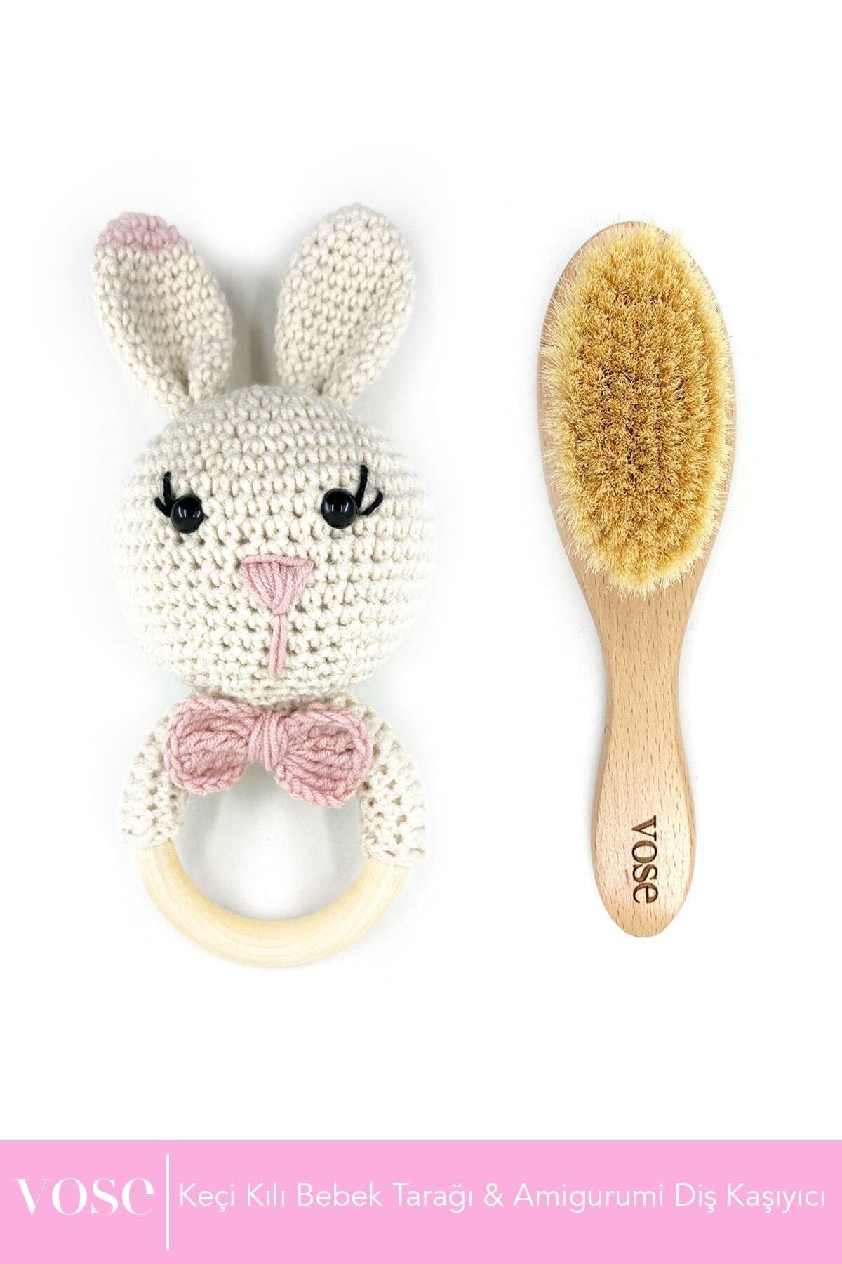 Vose 2' Li Set Ahşap Yumuşak Bebek Saç Fırçası & Amigurumi Çıngıraklı Diş Kaşıyıcı
