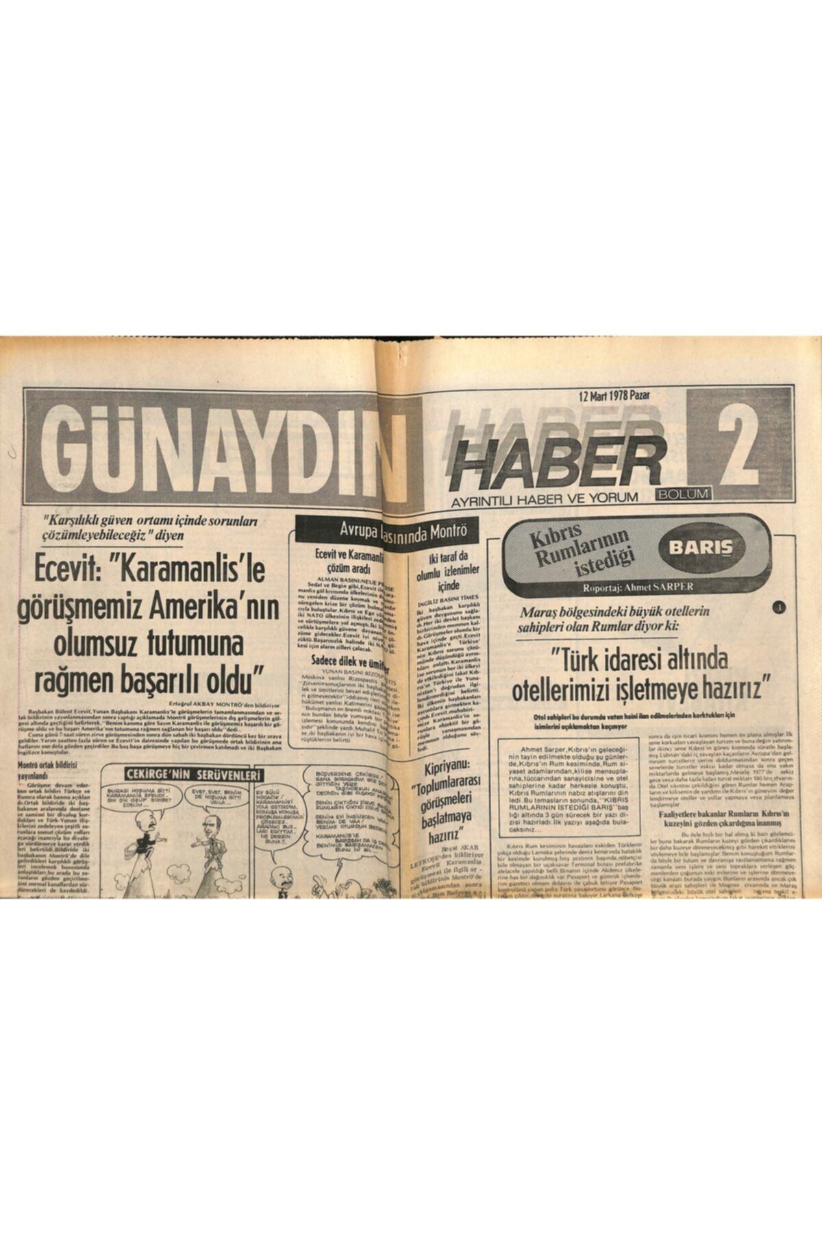 Gökçe Koleksiyon Günaydın Gazetesi Haber 2 Eki 12 Mart 1978-avrupa Basınında Montrö,ecevit Ve Karamanlis Çözüm Aradı