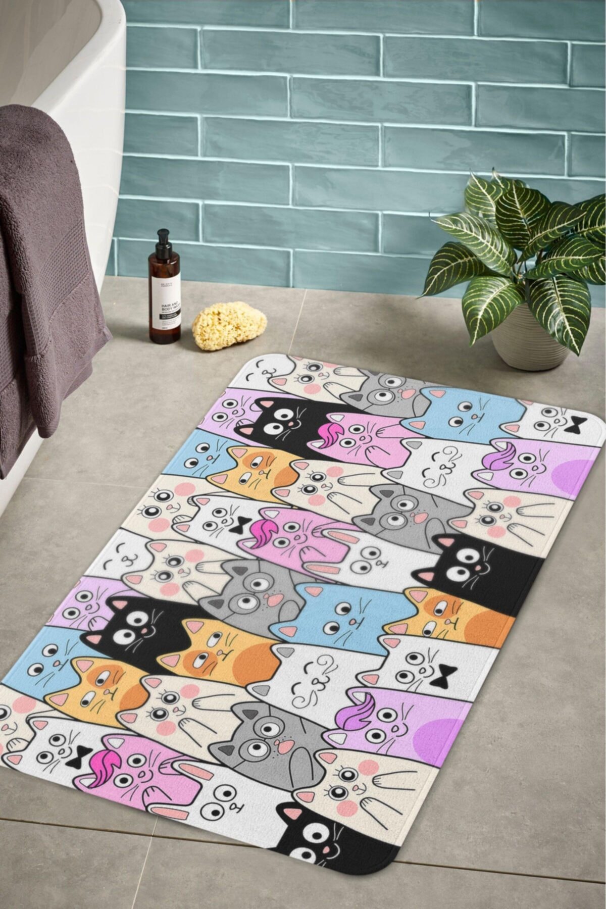 Monnhein Sevimli Kediler Banyo Paspası Kaymaz Tabanlı Klozet Paspası 100x60cm