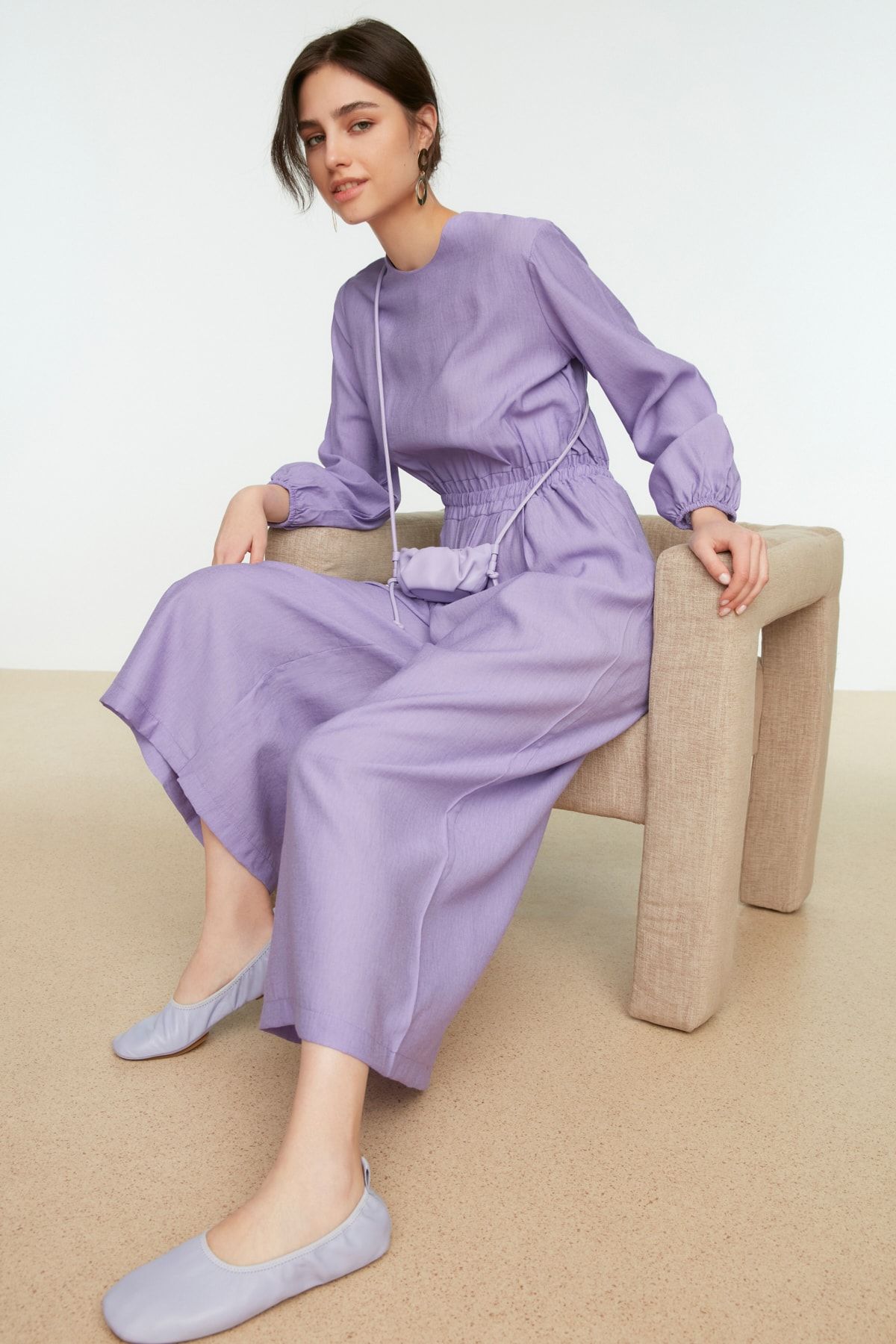 Trendyol Modest Lila Bisiklet Yaka Beli Lastikli Geniş Paça  Tulum TCTSS21TU0206