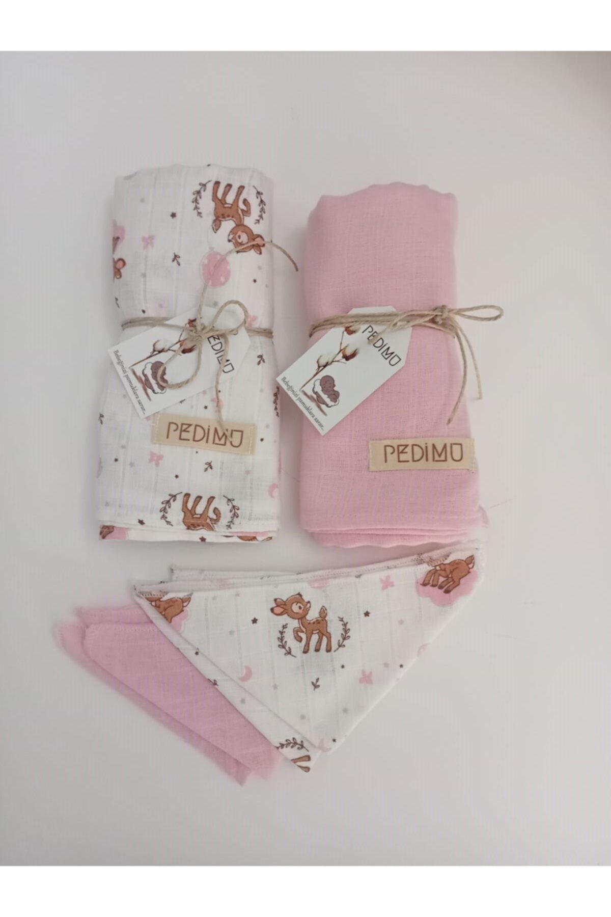 Pedimu Organic Pamuk Pembe Bambi Çok Amaçlı Müslin Bezi Örtü Battaniye Seti Ağız Mendili Hediyeli