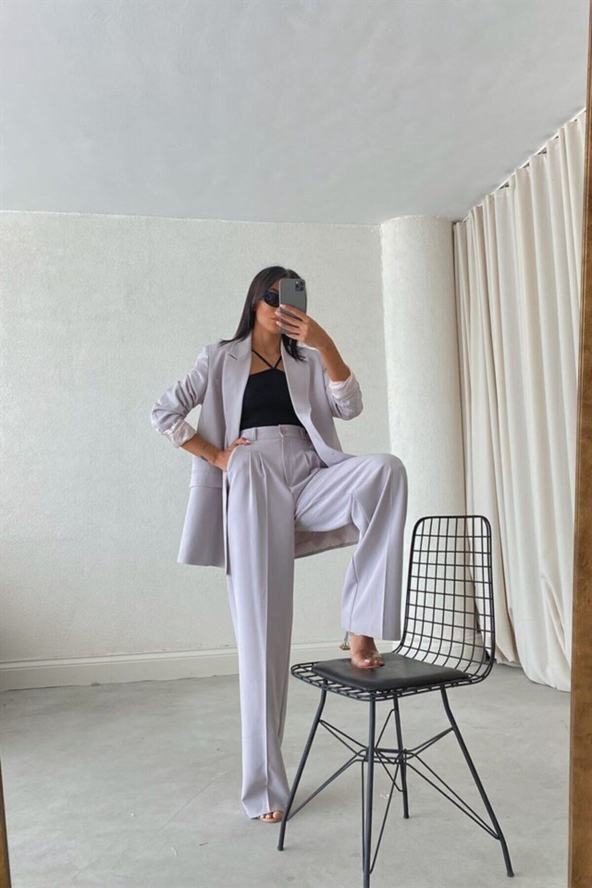 Eka Kadın Gri Oversize Blazer Ceket Pantolon Takım 0993-2222