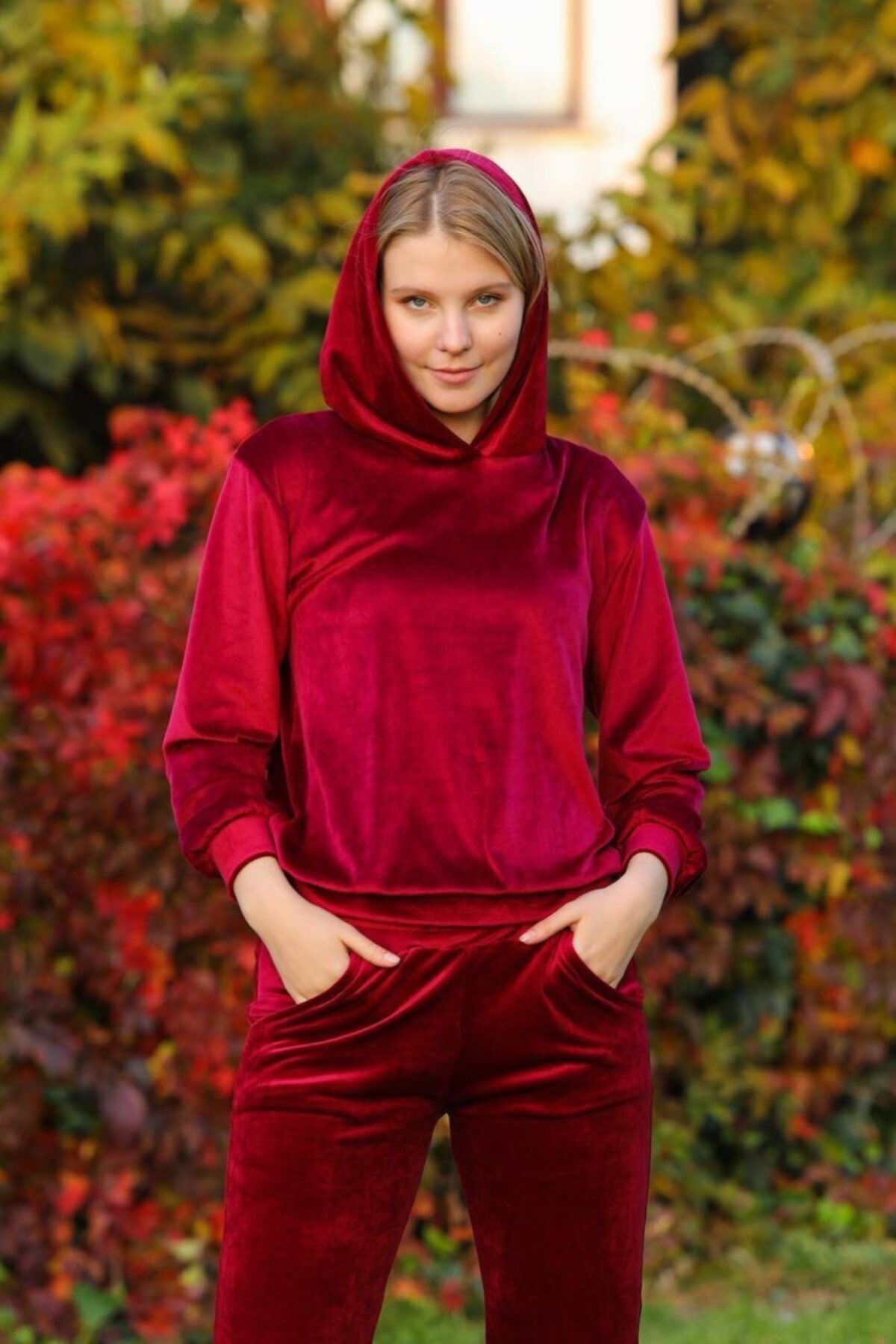 Morzoy Bordo Kapüşonlu Kadife Takım