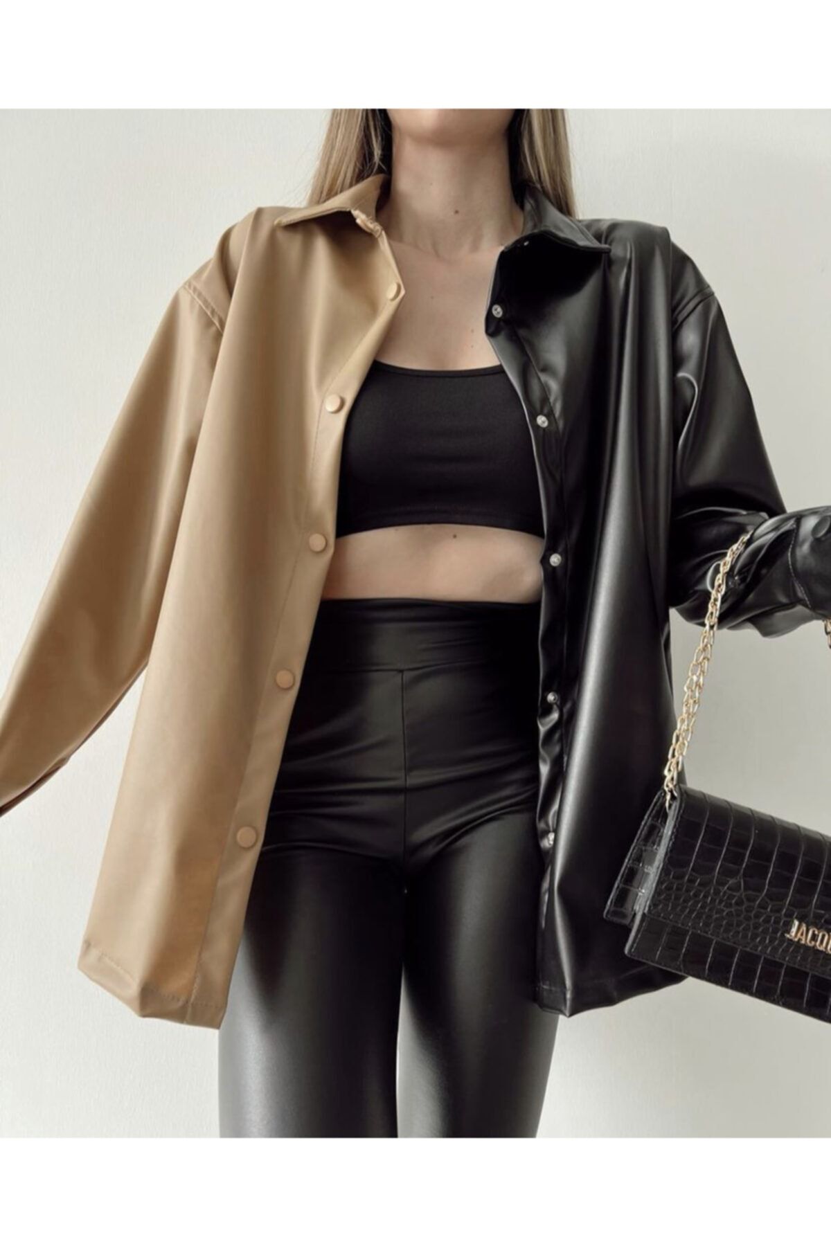 İCK DESİGN ACCESSORY Kadın Oversize Parçalı Deri Gömlek